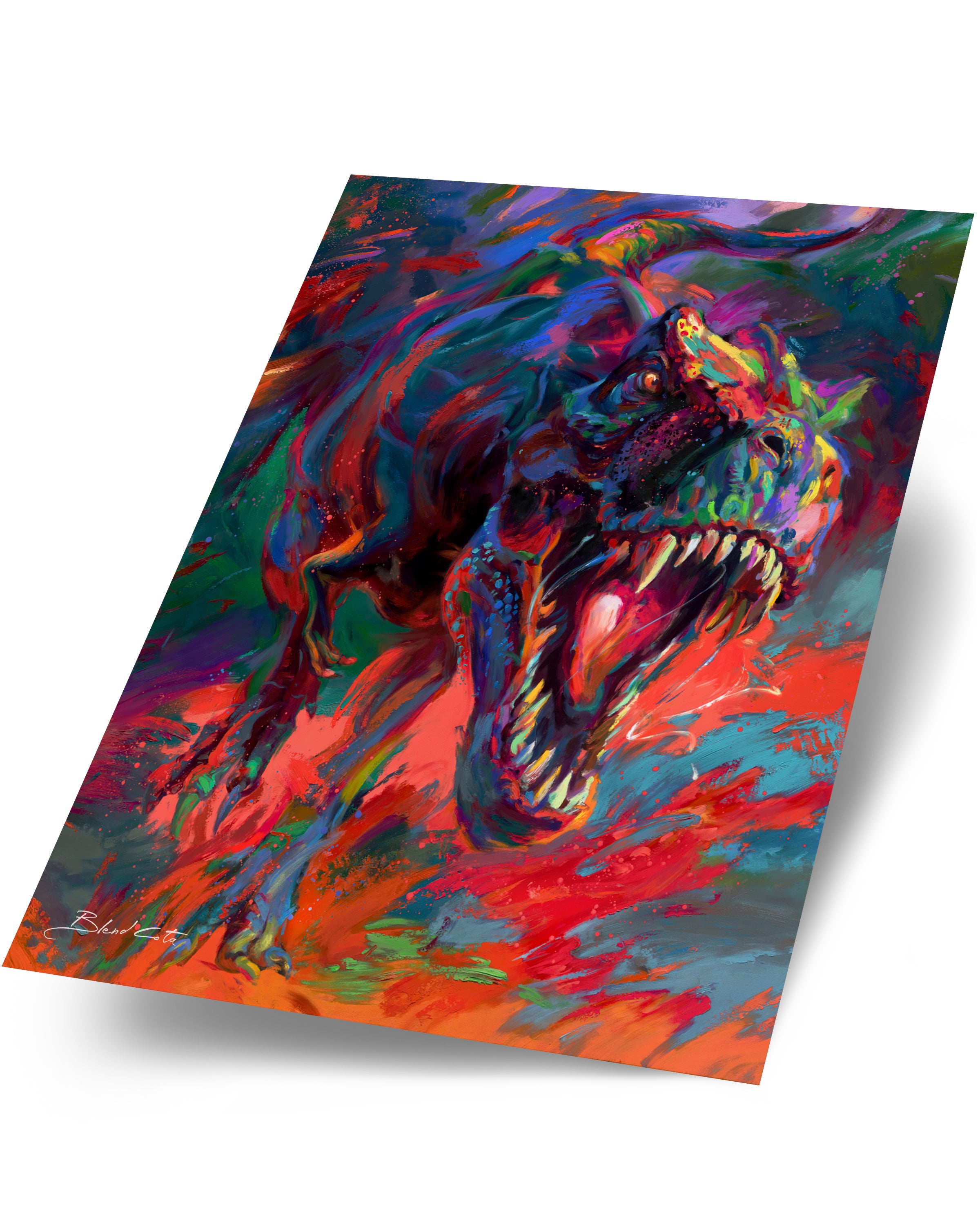 Art print on paper cardstock of the t-rex from jurassic period the apex dinosaur predator jaw full of teeth chasing you, painted with colorful brushstrokes in an expressionistic style.
