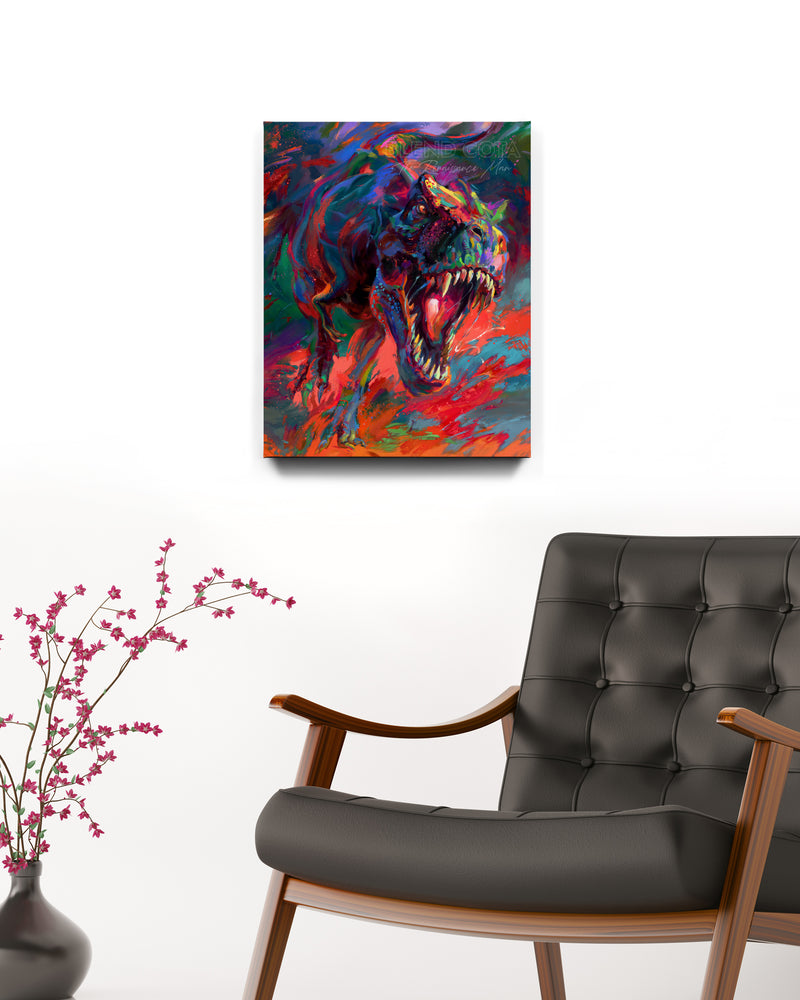 Art print on wall of the t-rex from jurassic period the apex dinosaur predator jaw full of teeth chasing you, painted with colorful brushstrokes in an expressionistic style in a room setting