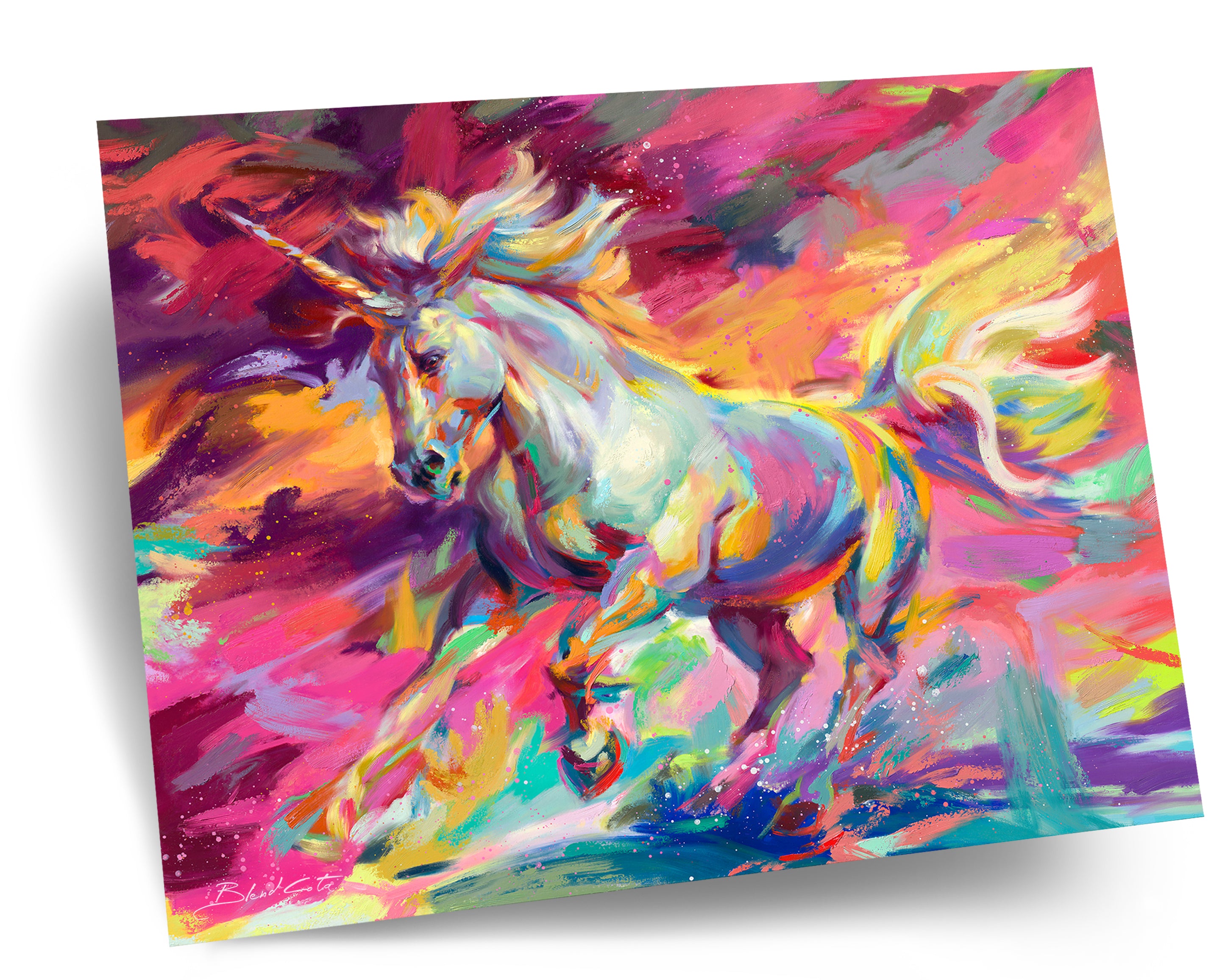 The free unicorn, full of color from the whole rainbow, a proud and mythical creature, majestically painting with beautiful strong brushstrokes.