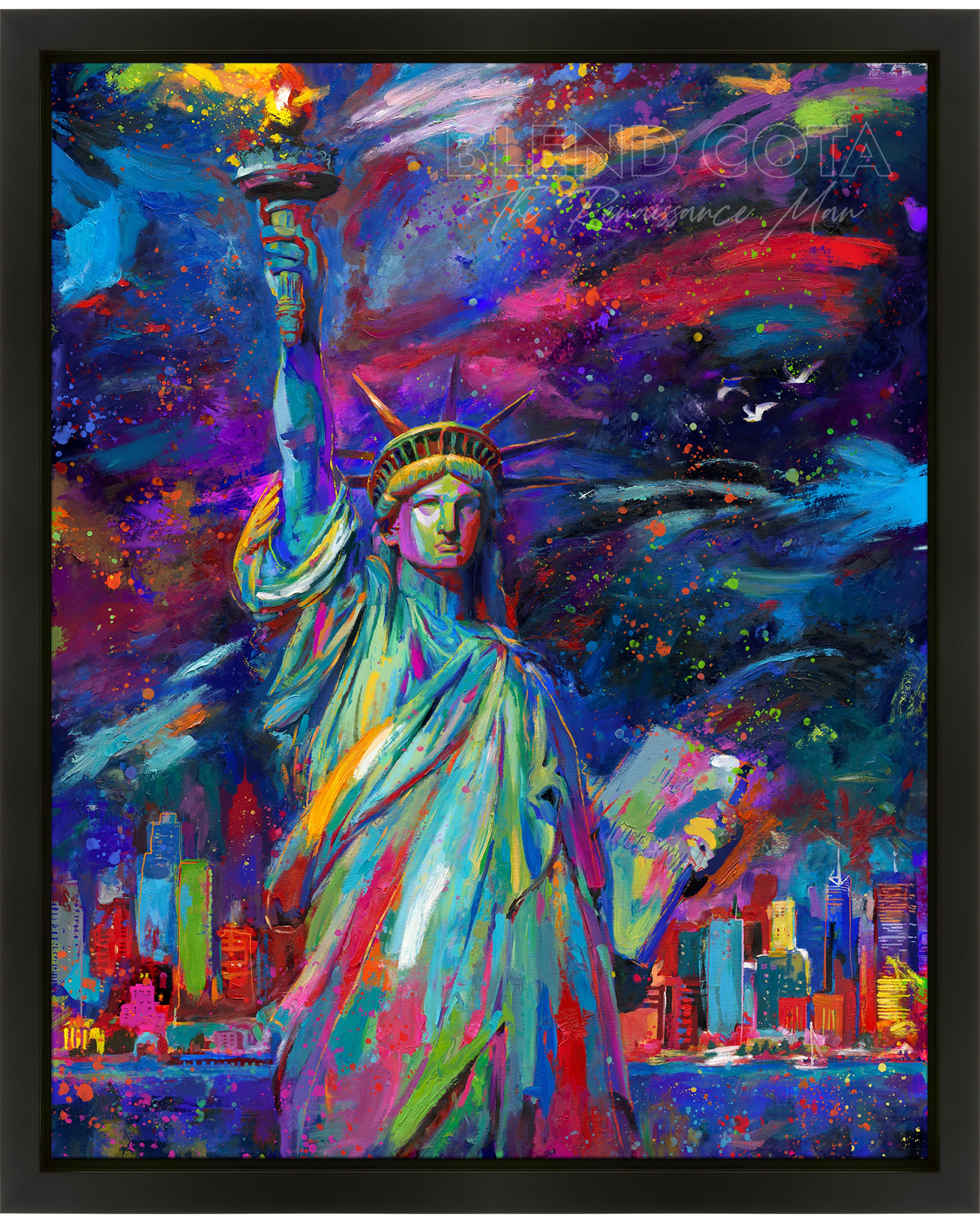 Oil on canvas original painting of the iconic Statue of Liberty in New York City, emblem and symbol of freedom and courage to make change in America and the world, shown in vibrant turquoise against a dark blue and purple sky, in colorful brushstrokes, color expressionism style.