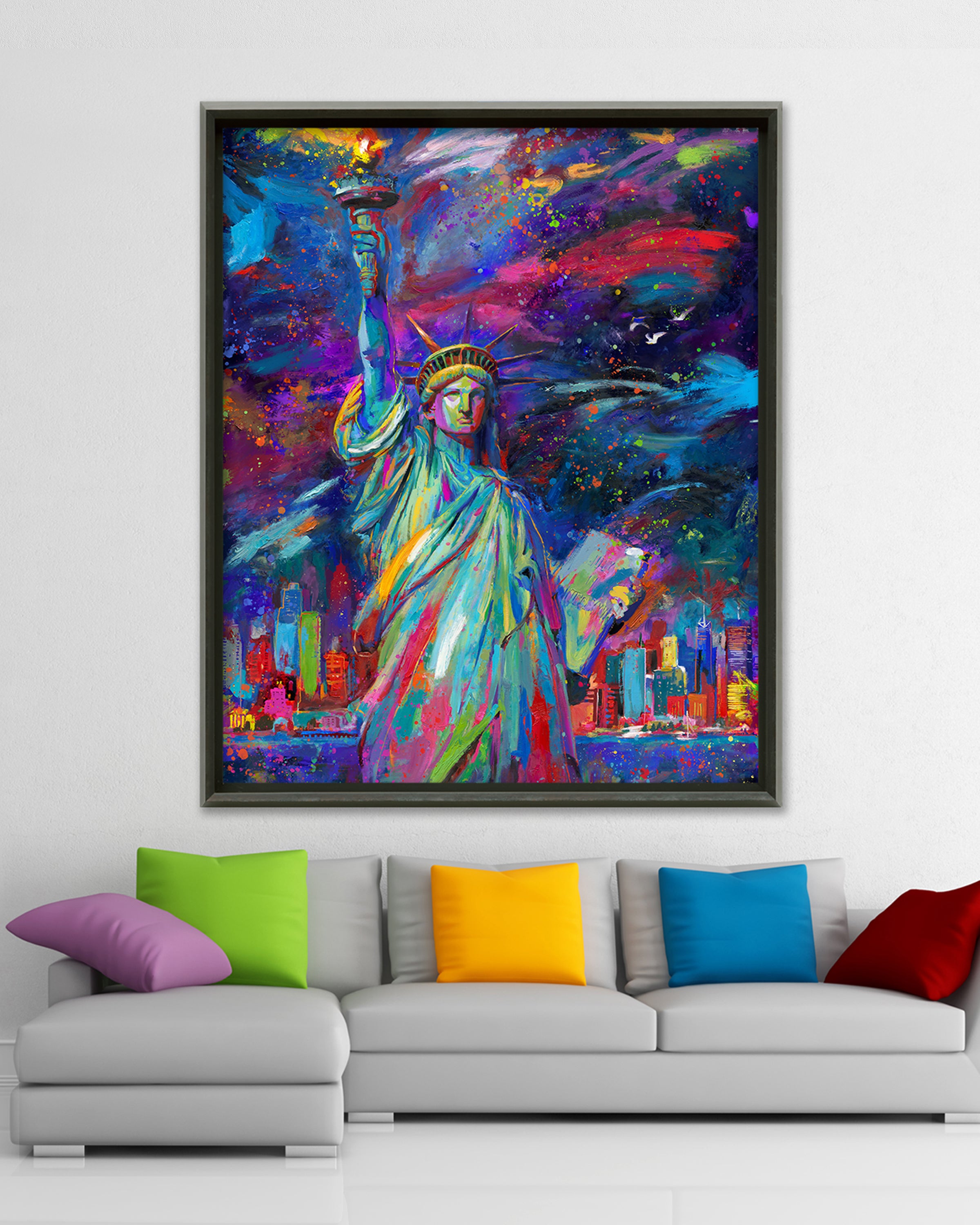 Oil on canvas original painting of the iconic Statue of Liberty in New York City, emblem and symbol of freedom and courage to make change in America and the world, shown in vibrant turquoise against a dark blue and purple sky, in colorful brushstrokes, color expressionism style in a room setting.