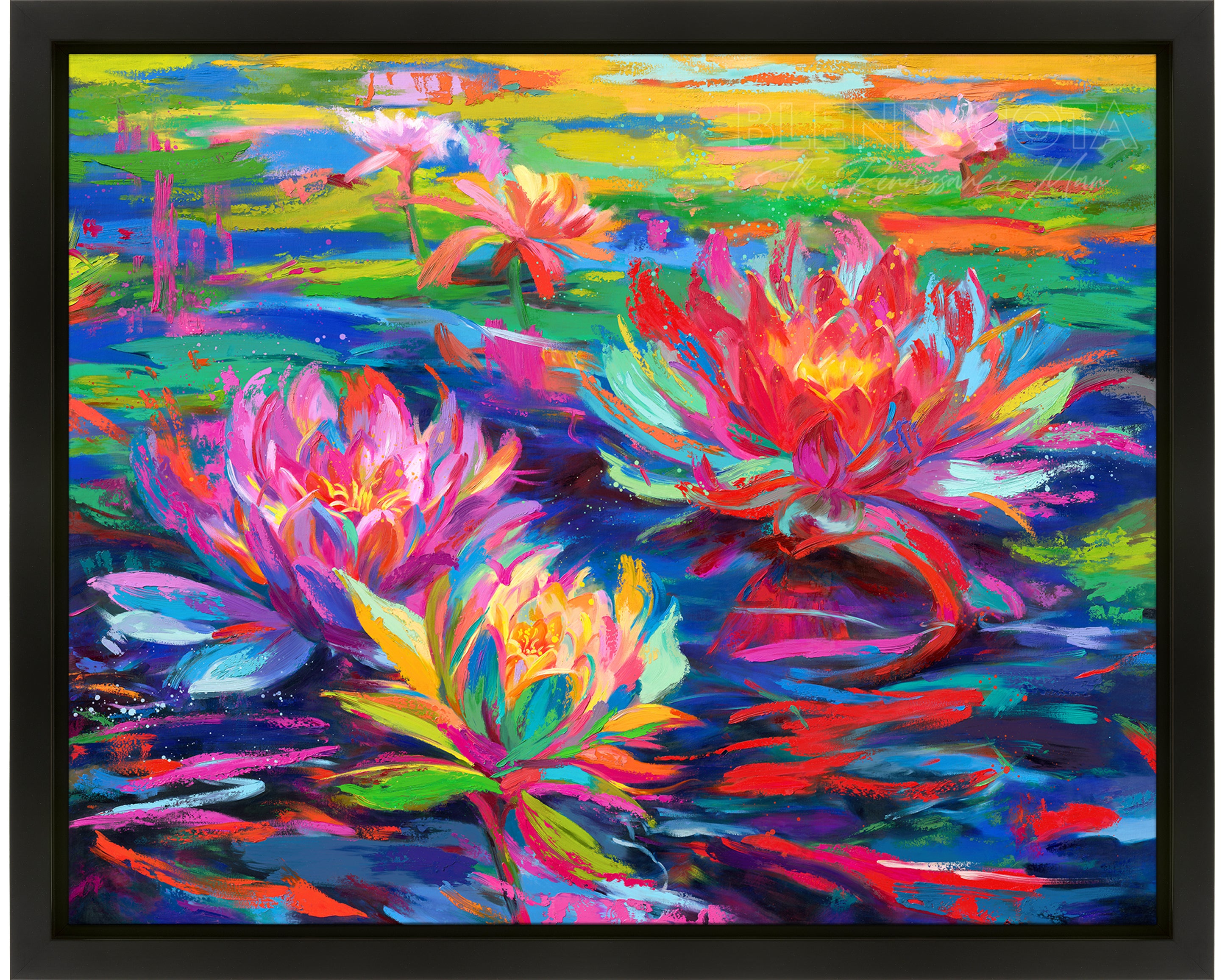  Oil on canvas original painting of red, pink and yellow water lilies blooming in a pond of lily pads, abundant and vibrant flowers in colorful brushstrokes, color expressionism style.