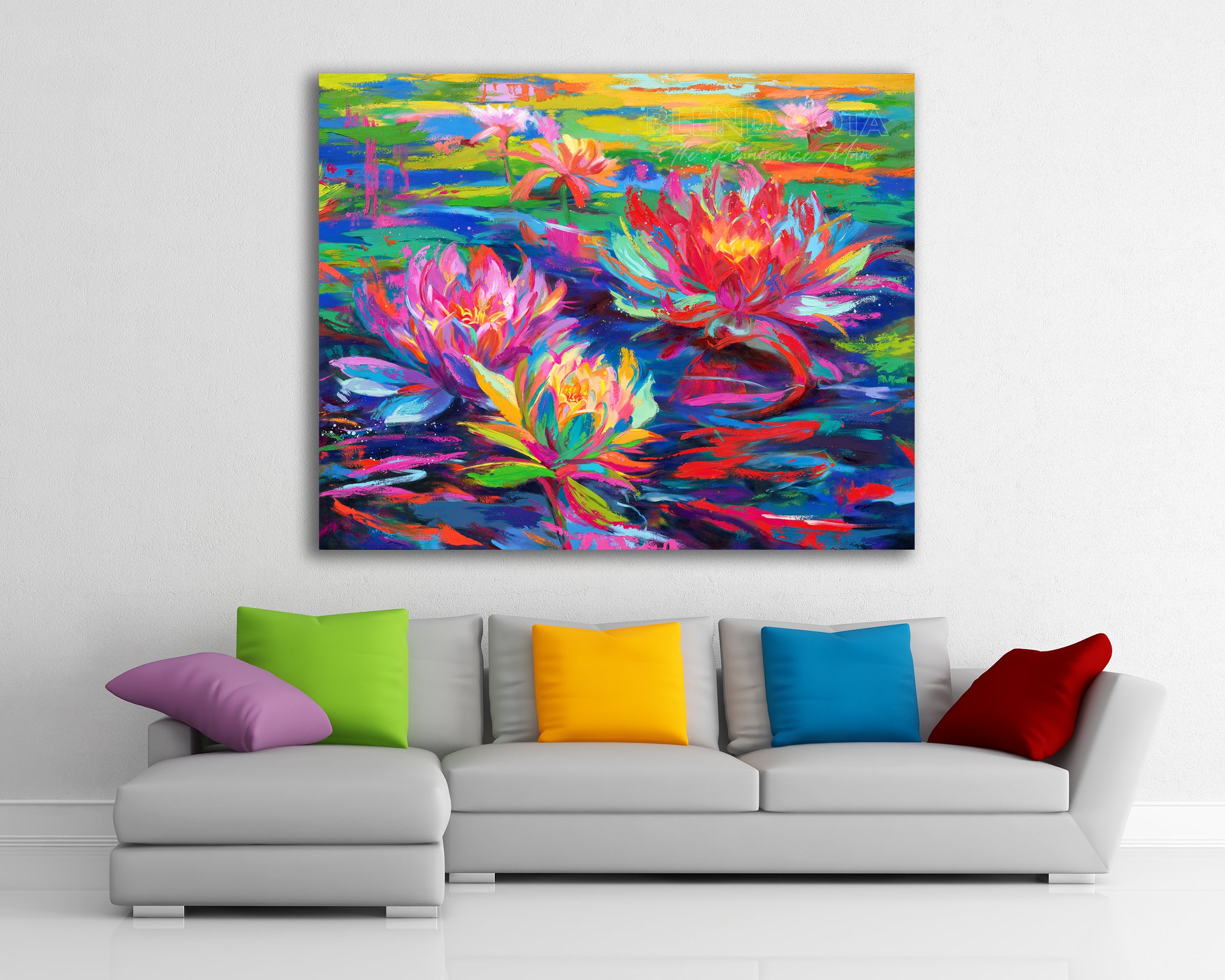 Room setting for Oil on canvas original painting of red, pink and yellow water lilies blooming in a pond of lily pads, abundant and vibrant flowers in colorful brushstrokes, color expressionism style.