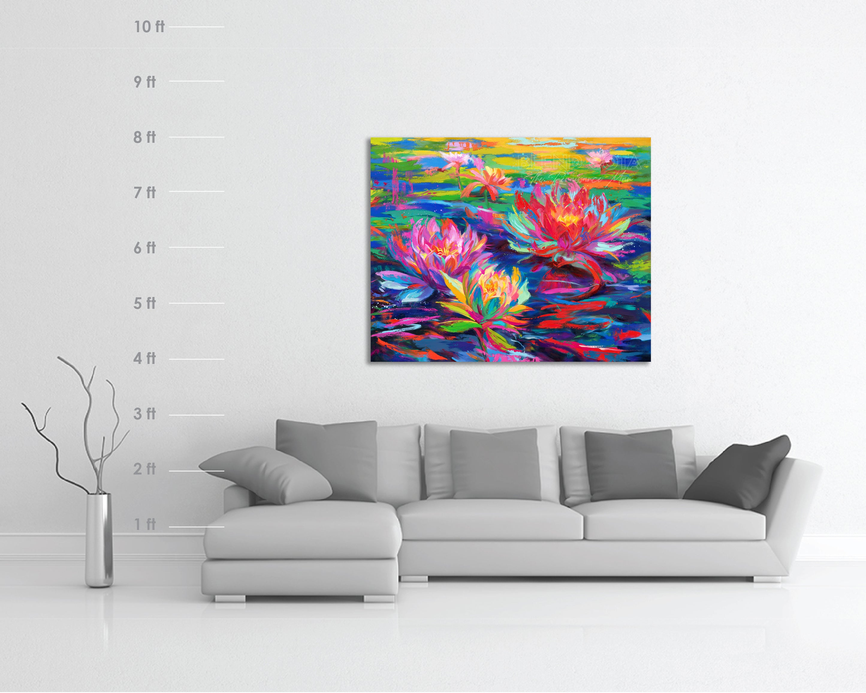 
                  
                    Scale dimensions for the Oil on canvas original painting of red, pink and yellow water lilies blooming in a pond of lily pads, abundant and vibrant flowers in colorful brushstrokes, color expressionism style.
                  
                