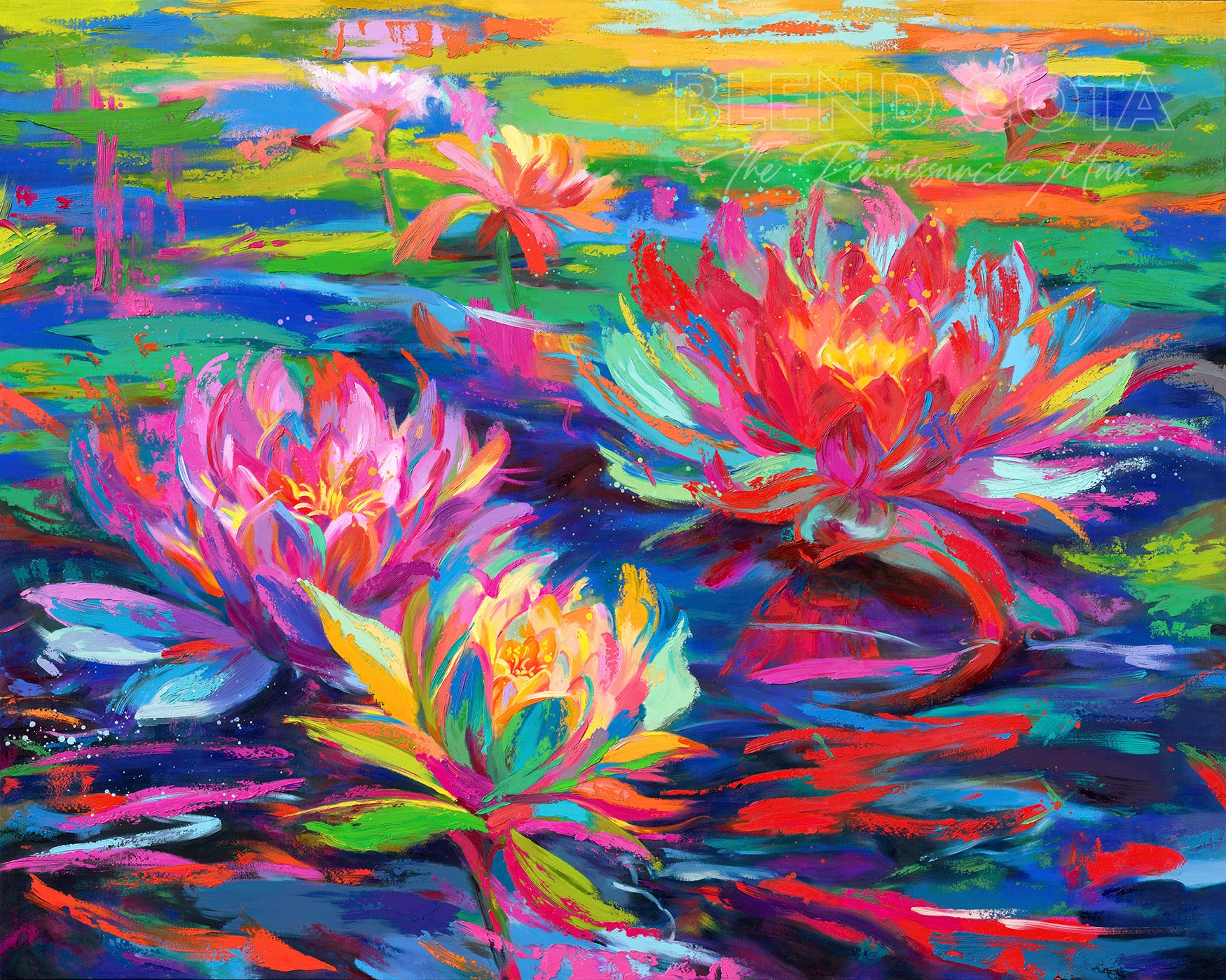 Art print of red, pink and yellow water lilies blooming in a pond of lily pads, abundant and vibrant flowers in colorful brushstrokes, color expressionism style.