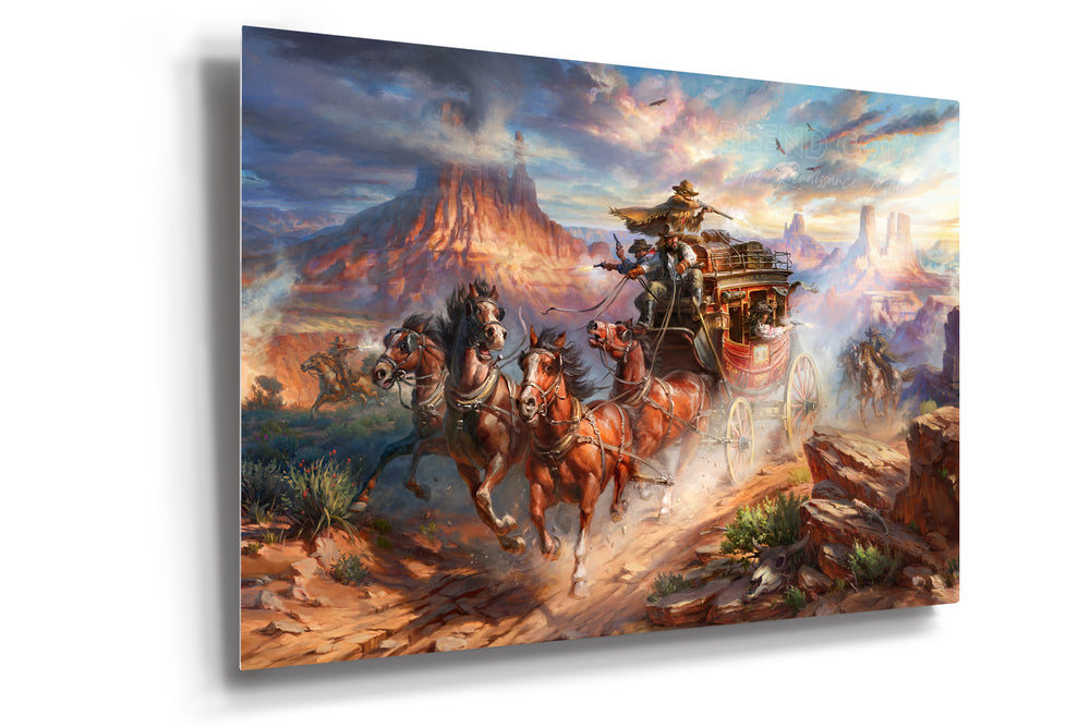 Limited edition print on metal of outlaws attack on the Blend Cota stagecoach with cowboys shooting and horses galloping in canyons and landscape of Monument Valley, Arizona, in realism style with detailed brushstrokes.