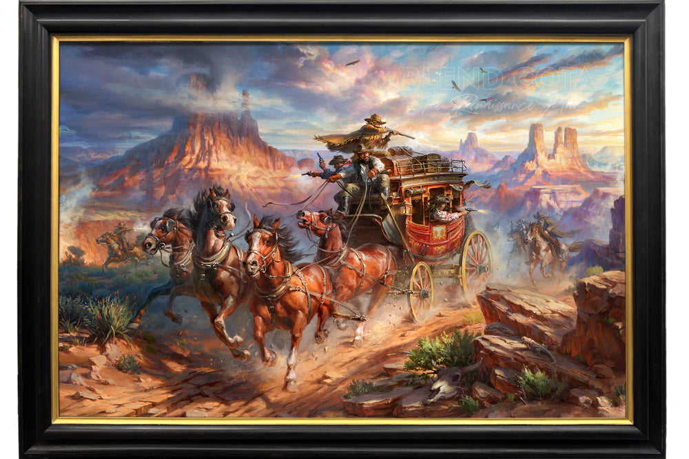 Oil on canvas original painting in black frame of outlaws attack on the Blend Cota stagecoach with cowboys shooting and horses galloping in canyons and landscape of Monument Valley, Arizona, in realism style with detailed brushstrokes.