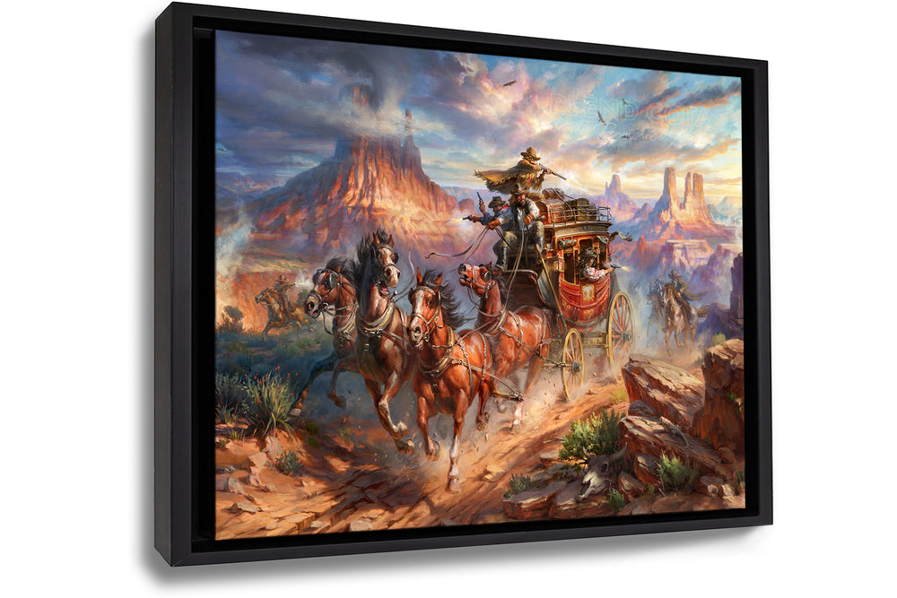 Framed art print on canvas of outlaws attack on the Blend Cota stagecoach with cowboys shooting and horses galloping in canyons and landscape of Monument Valley, Arizona, in realism style with detailed brushstrokes.