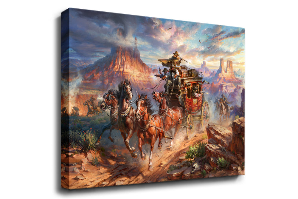Art print on canvas of outlaws attack on the Blend Cota stagecoach with cowboys shooting and horses galloping in canyons and landscape of Monument Valley, Arizona, in realism style with detailed brushstrokes.