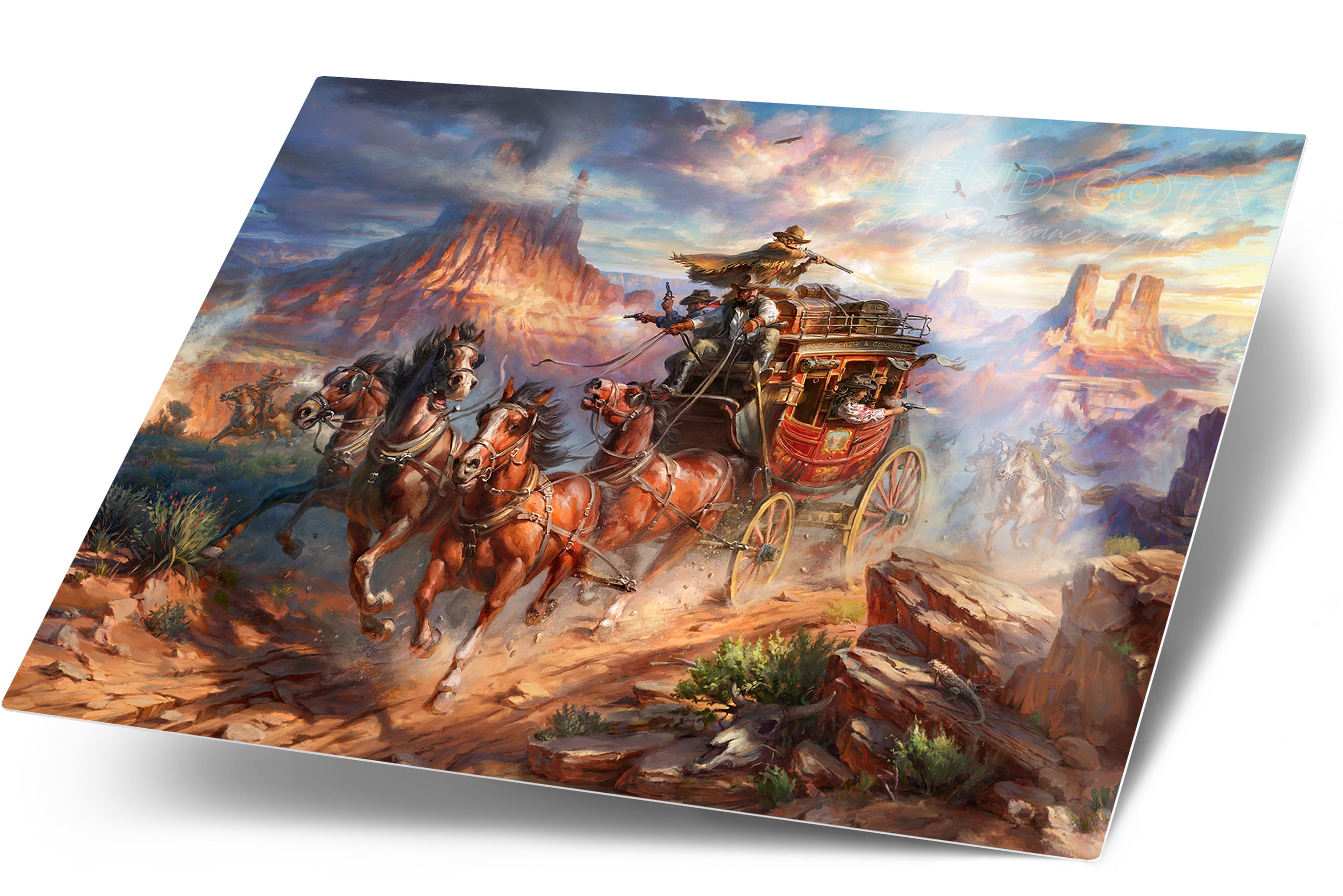 Art print on metal of outlaws attack on the Blend Cota stagecoach with cowboys shooting and horses galloping in canyons and landscape of Monument Valley, Arizona, in realism style with detailed brushstrokes.