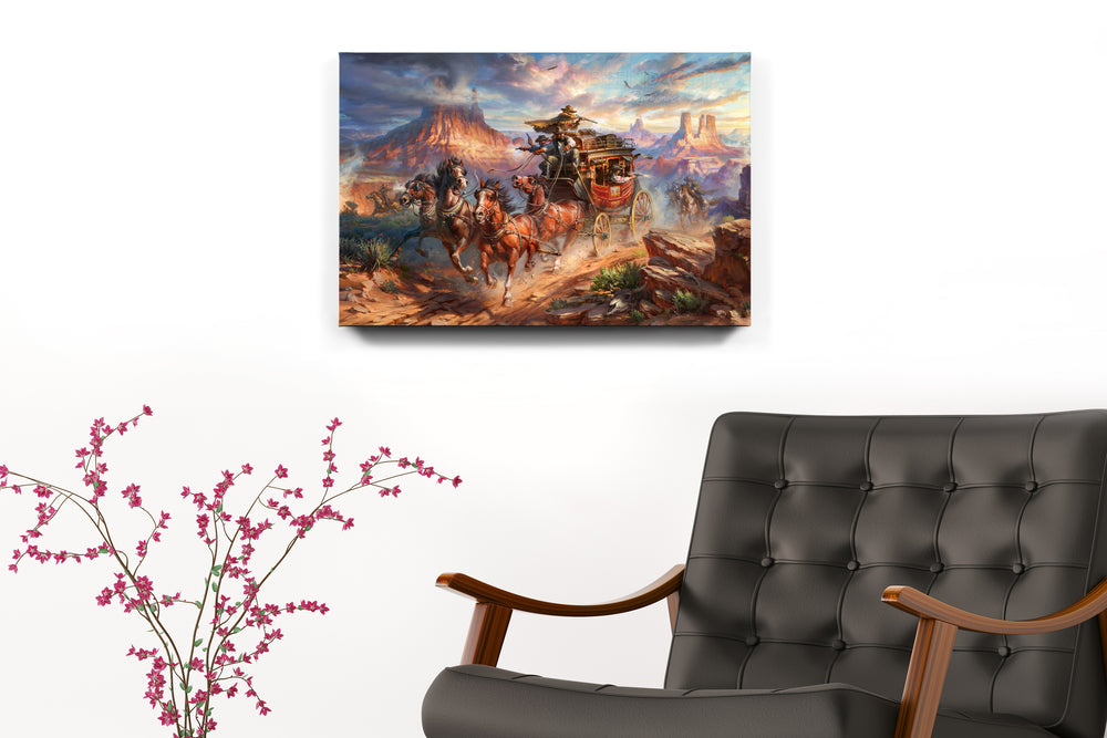 Art print on canvas in room setting, of outlaws attack on the Blend Cota stagecoach with cowboys shooting and horses galloping in canyons and landscape of Monument Valley, Arizona, in realism style with detailed brushstrokes.