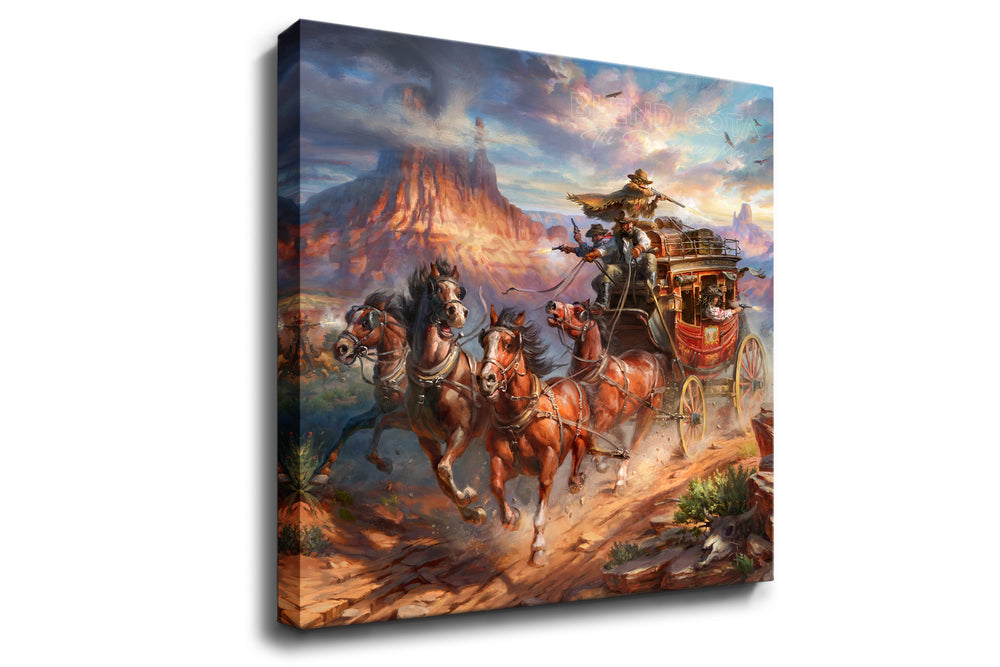 
                  
                    Art print on square canvas of outlaws attack on the Blend Cota stagecoach with cowboys shooting and horses galloping in canyons and landscape of Monument Valley, Arizona, in realism style with detailed brushstrokes.
                  
                