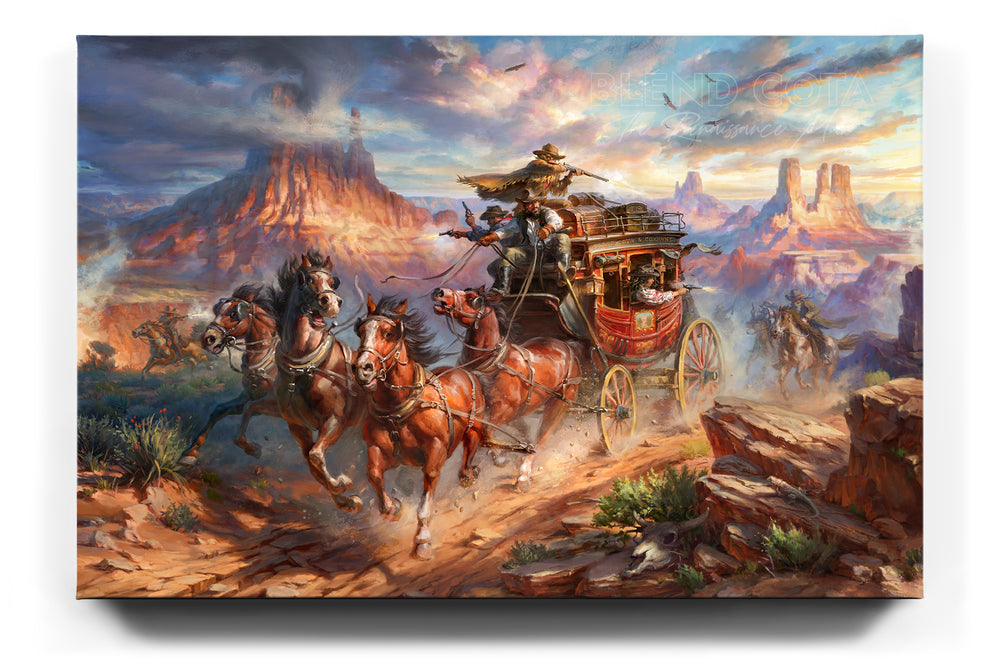 Limited edition painting on canvas of outlaws attack on the Blend Cota stagecoach with cowboys shooting and horses galloping in canyons and landscape of Monument Valley, Arizona, in realism style with detailed brushstrokes.