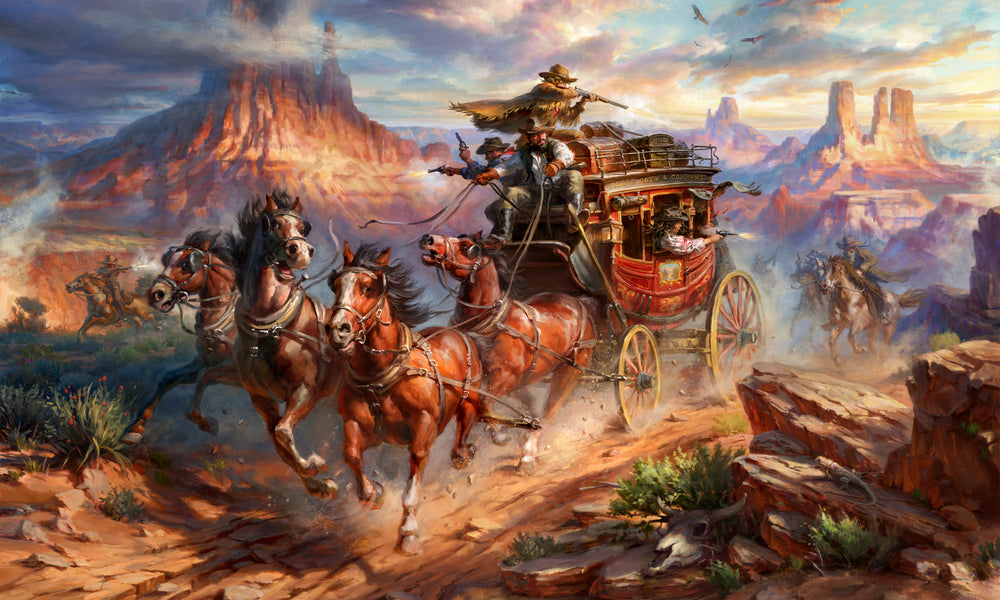 Oil on canvas original painting  of outlaws attack on the Blend Cota stagecoach with cowboys shooting and horses galloping in canyons and landscape of Monument Valley, Arizona, in realism style with detailed brushstrokes.