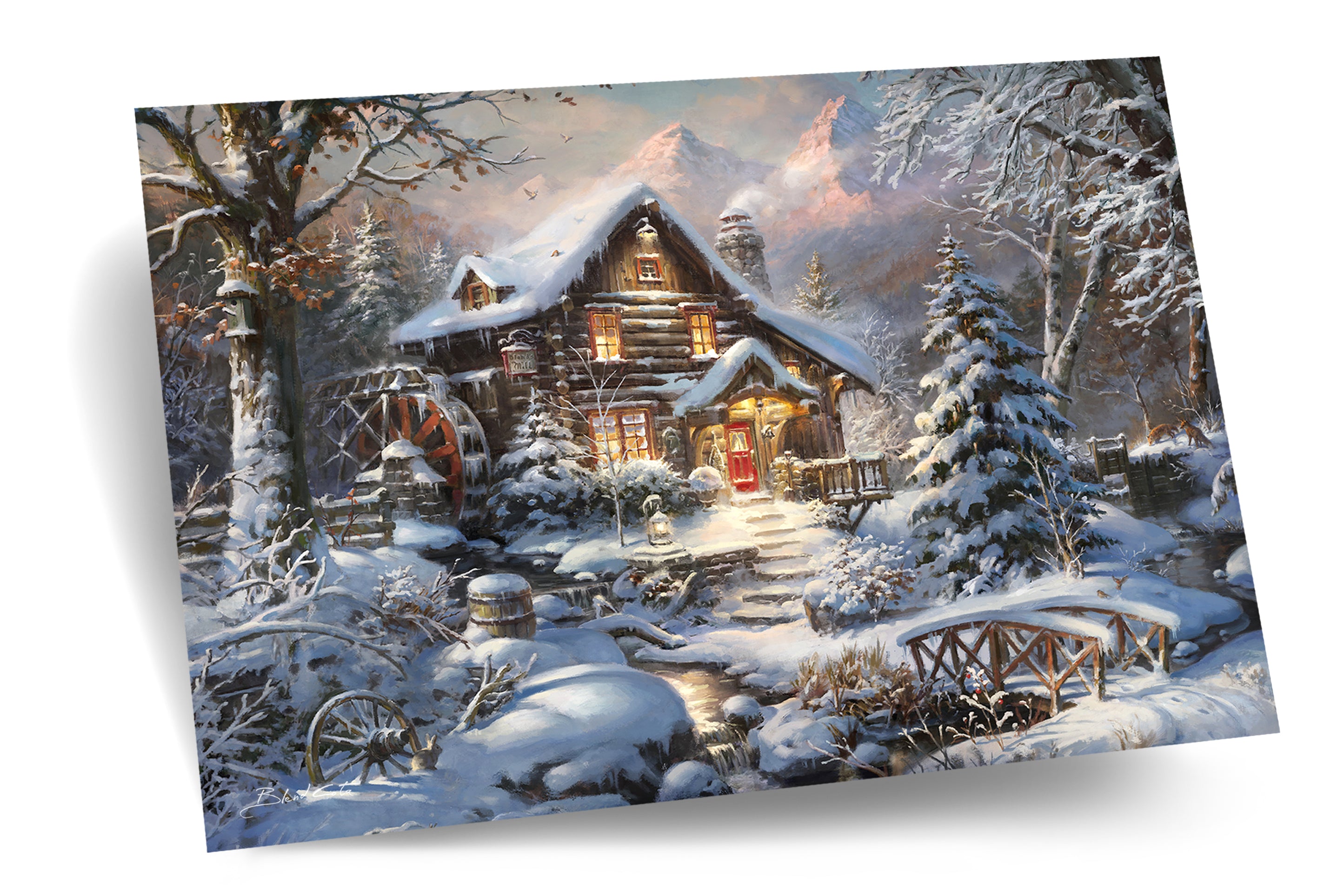 A soft blanket of snow cover this cozy wooden cabin in the woods, the mill is frozen for now, but warmth is inside this retreat from busy life, painting in a realistic style.