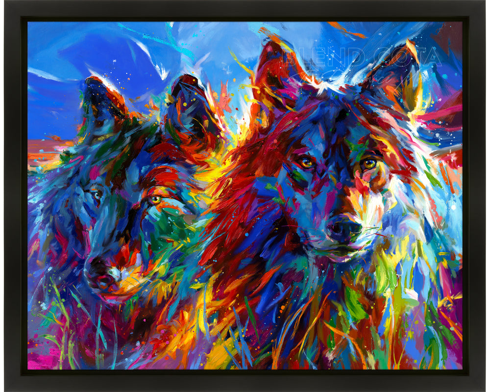 Wolves True Love an Original Oil Painting Framed from Blend Cota Studios with black frame
