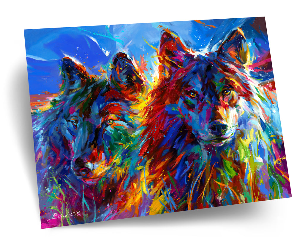 The bond of true love between Wolves, strong and free in the wild north, majestic colorful brushstrokes paint a vivid picture of these animals.