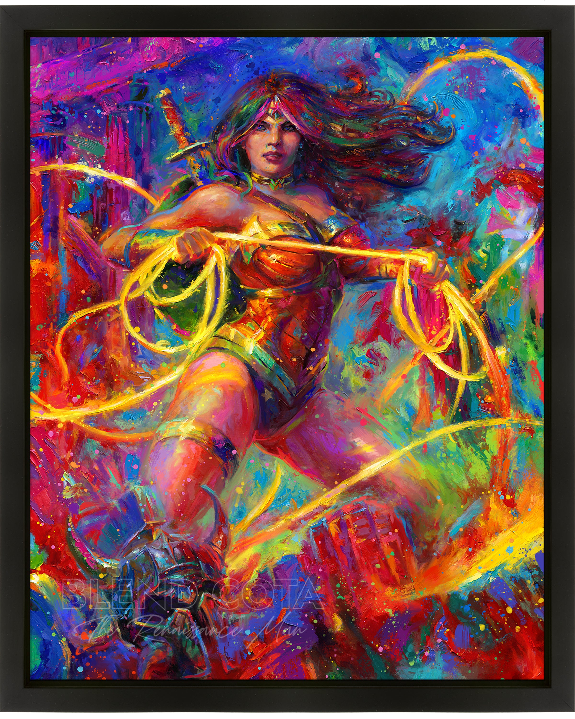
                  
                    Oil on canvas original painting of Wonder Woman, DC Comics, Champion of Themyscira, child of the Amazons Diana stands ready for battle with her Lasso of Truth, surrounded by yellow red and blue paint, in colorful brushstrokes, color expressionism style.
                  
                