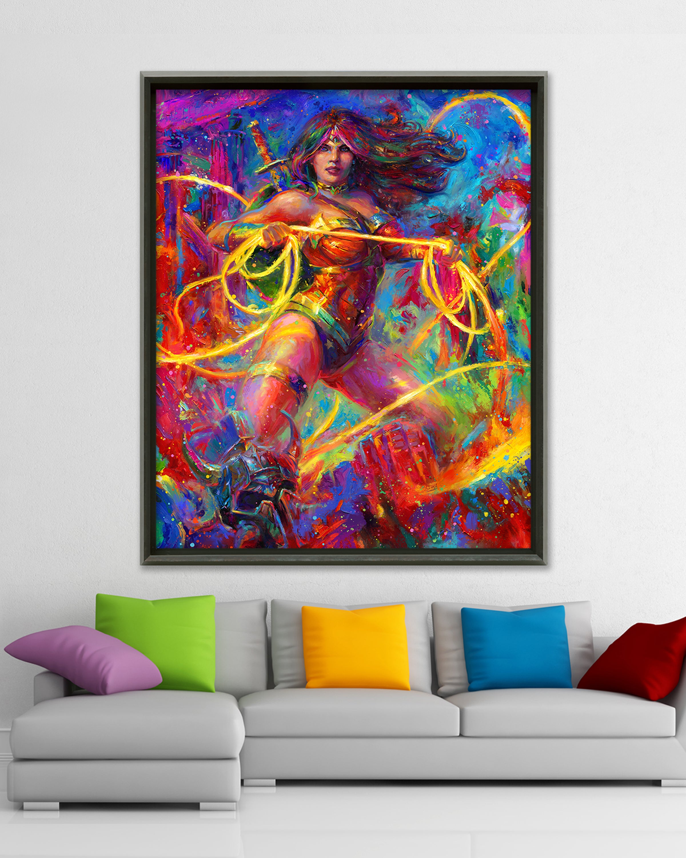 
                  
                    Oil on canvas original painting of Wonder Woman, DC Comics, Champion of Themyscira, child of the Amazons Diana stands ready for battle with her Lasso of Truth, surrounded by yellow red and blue paint, in colorful brushstrokes, color expressionism style in a room setting.
                  
                