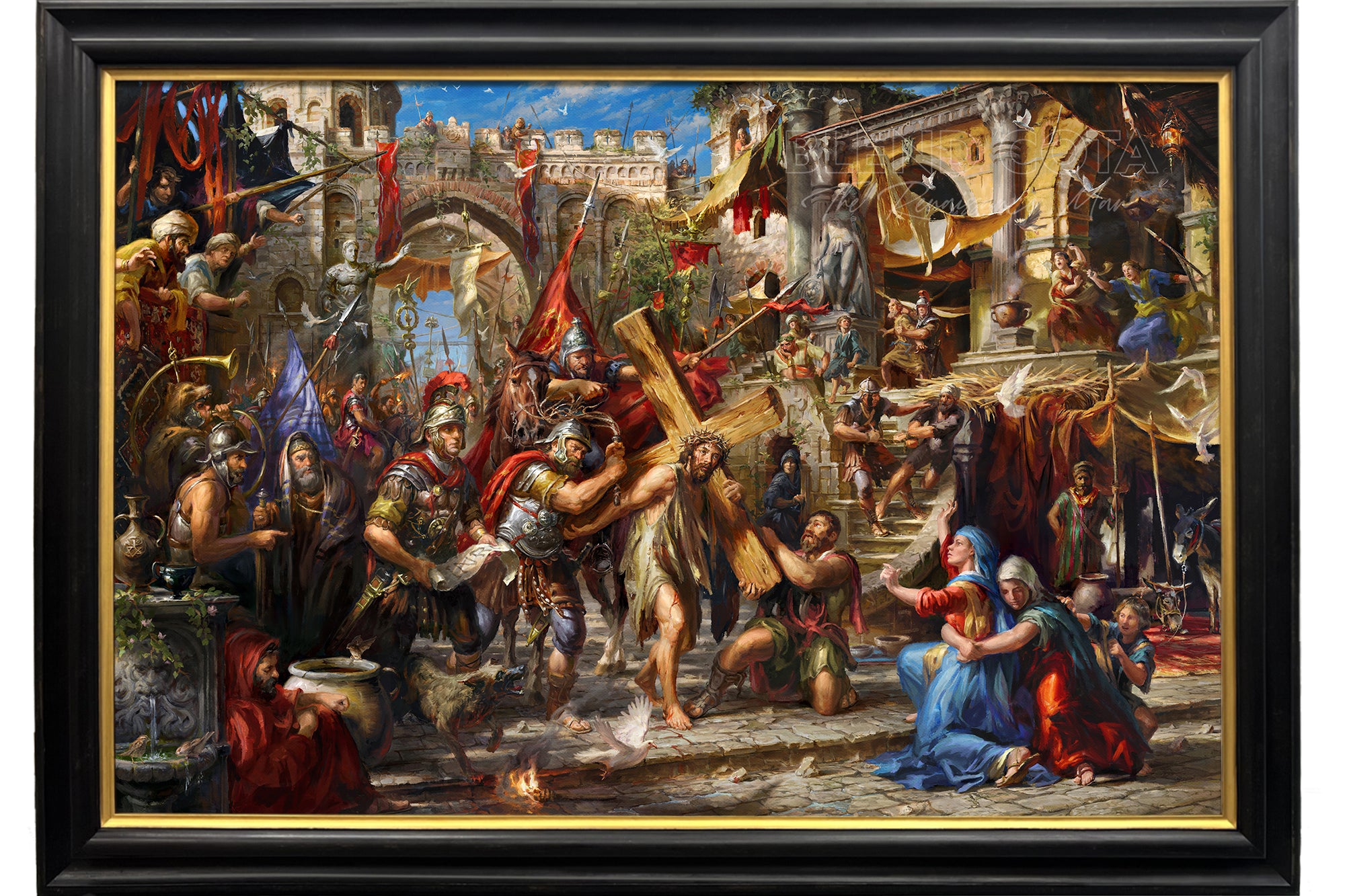 The Way of Love | Jesus Carrying His Cross - Blend Cota Original Oil Painting Framed on Canvas - Blend Cota Studios - Black and gold frame