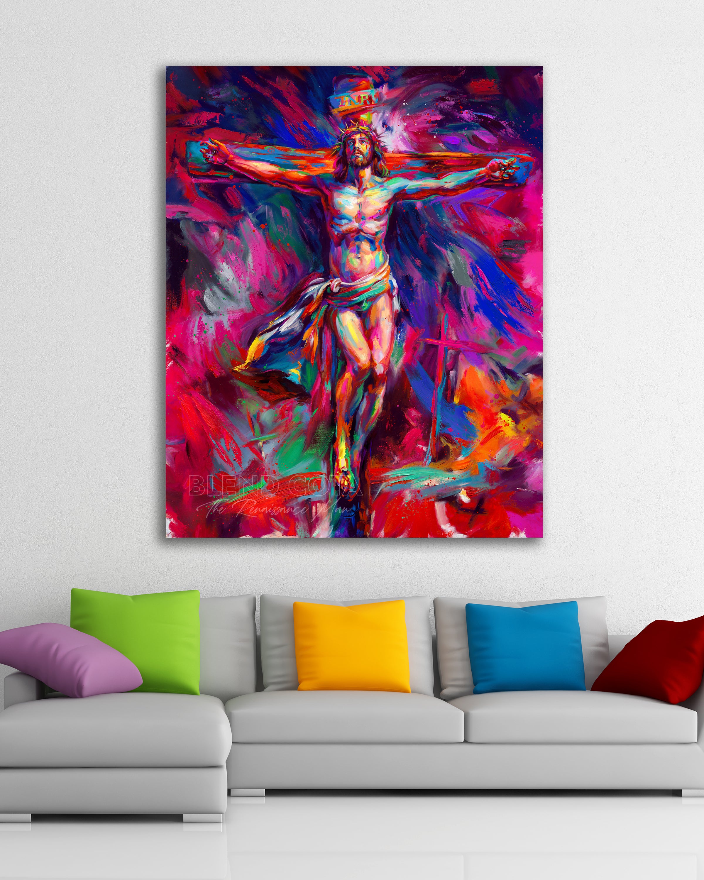 For The Love of God | Jesus Crucifixion - Blend Cota Limited Edition Art on Canvas - Blend Cota Studios painting hanging on a white wall behind a colorful couch
