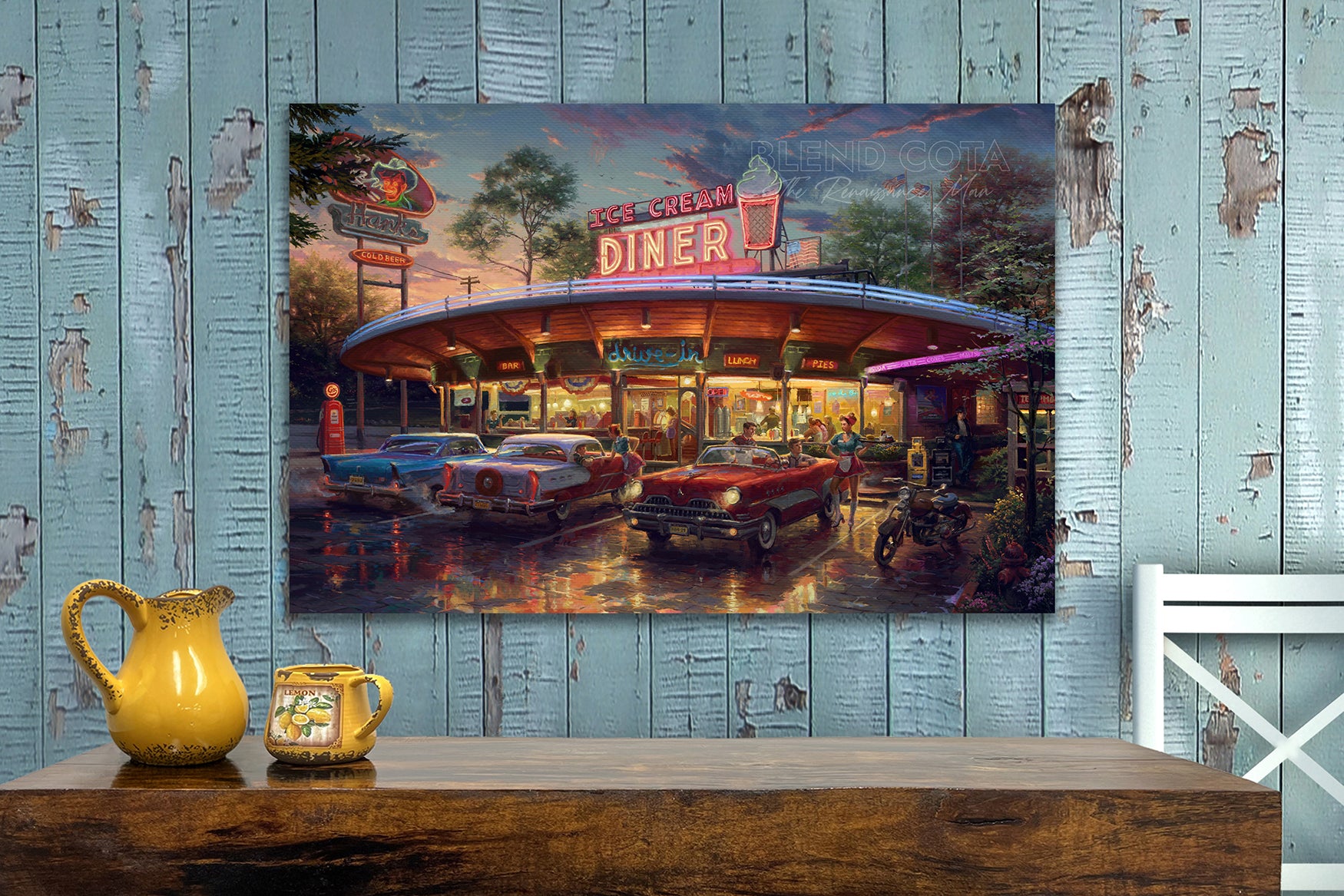 Meet You At The Diner a nostalgic looking 1950's scene waitress on rollerblades and a sunset  Limited Edition Art on Canvas from Blend Cota Studios displayed on a wall