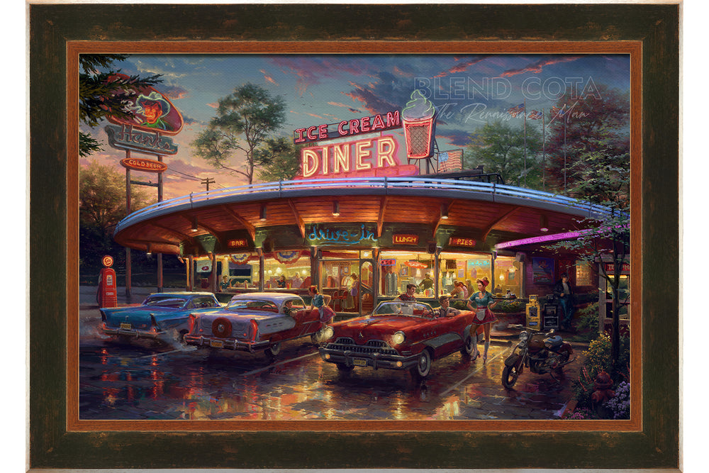 Meet You At The Diner - Blend Cota Original Oil Painting Framed on Canvas - Blend Cota Studios - Dark green and wood trim frame