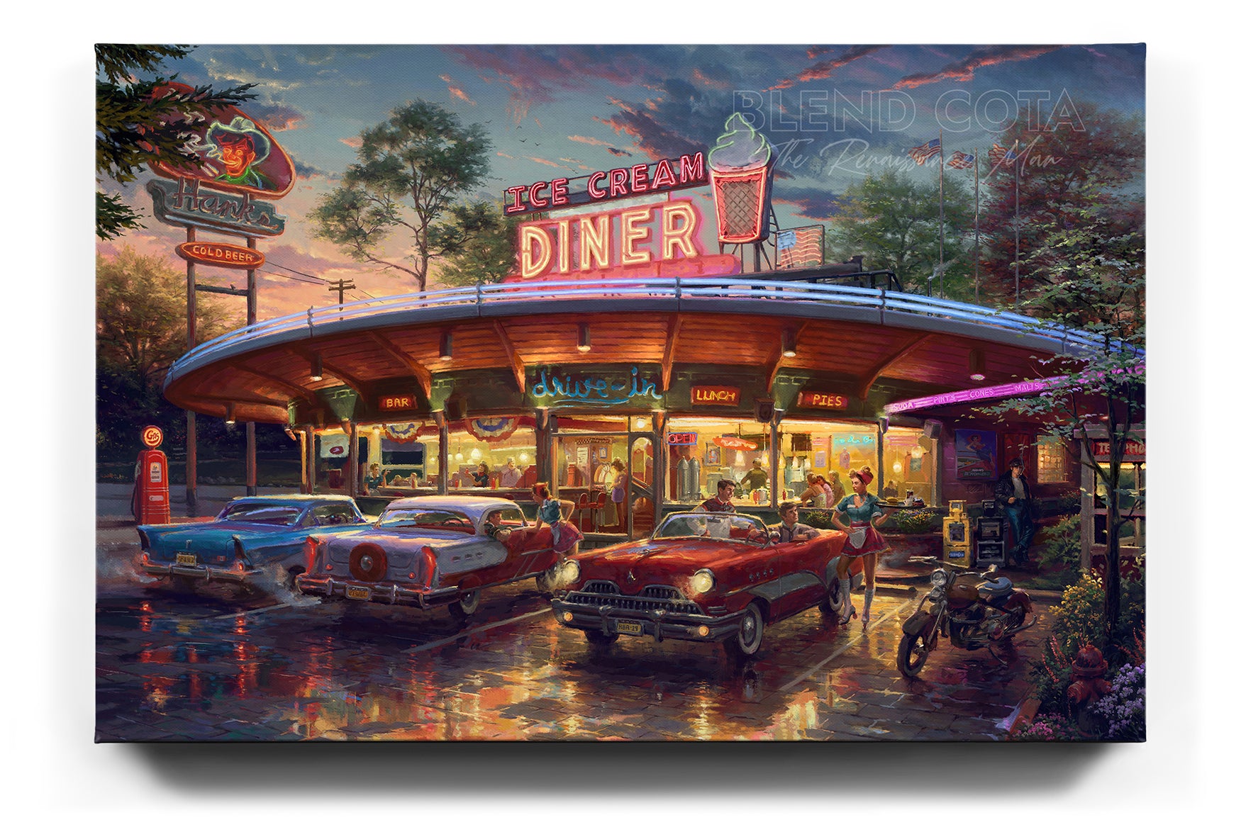 Meet You At The Diner a nostalgic looking 1950's scene waitress on rollerblades and a sunset  Limited Edition Art on Canvas from Blend Cota Studios 