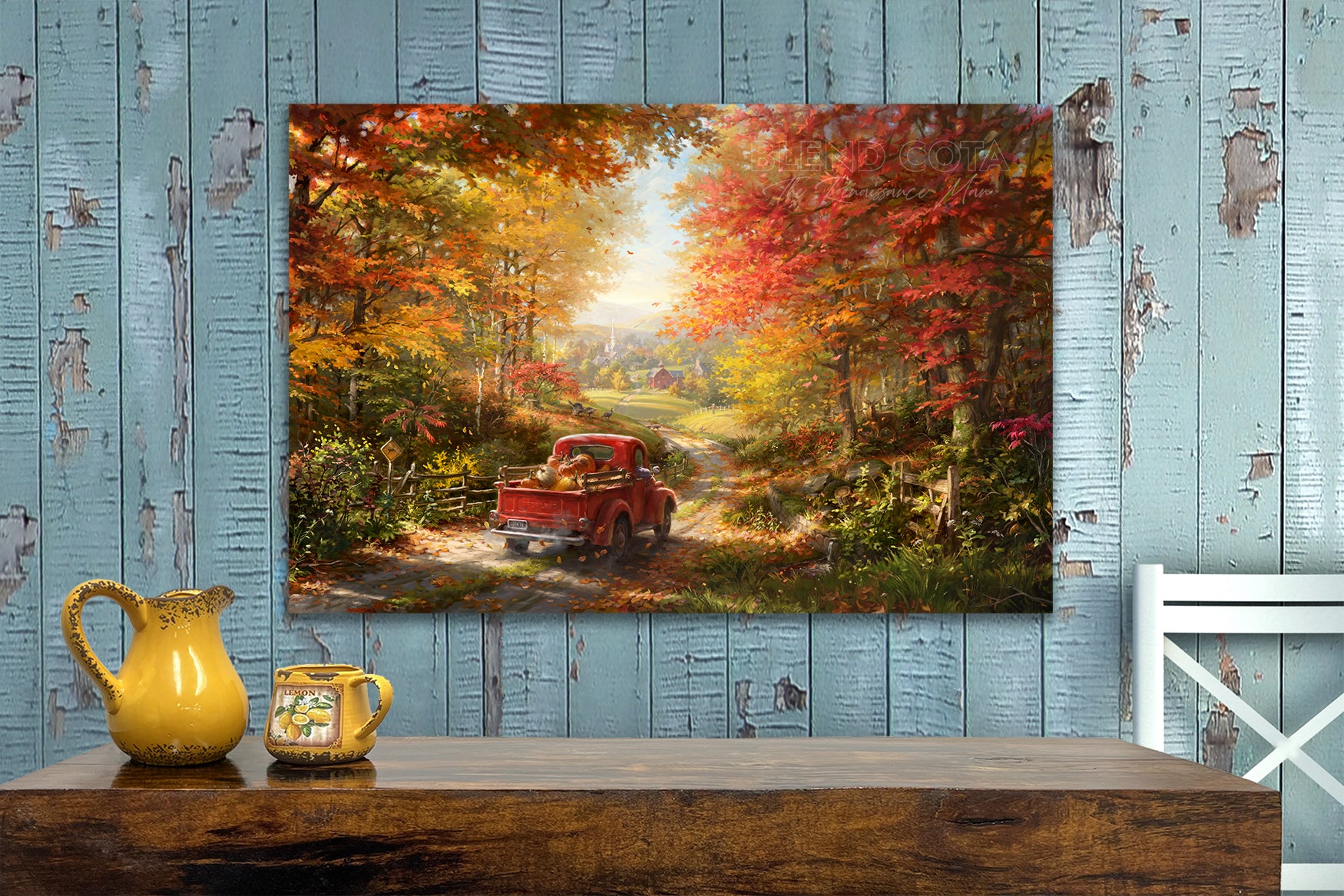 The Place I Belong | Fall Road Autumn Leaves - Blend Cota Limited Edition Art on Metal - Blend Cota Studios - room setting with painting hanging on blue wooden panel wall
