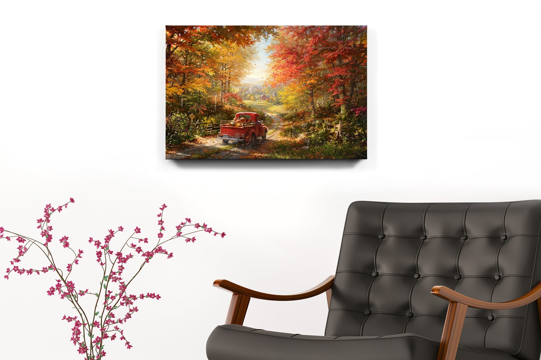 The Place I Belong | Fall Road Autumn Leaves - Blend Cota Art Print on Canvas - Blend Cota Studios - room setting chair with painting hanging on white wall