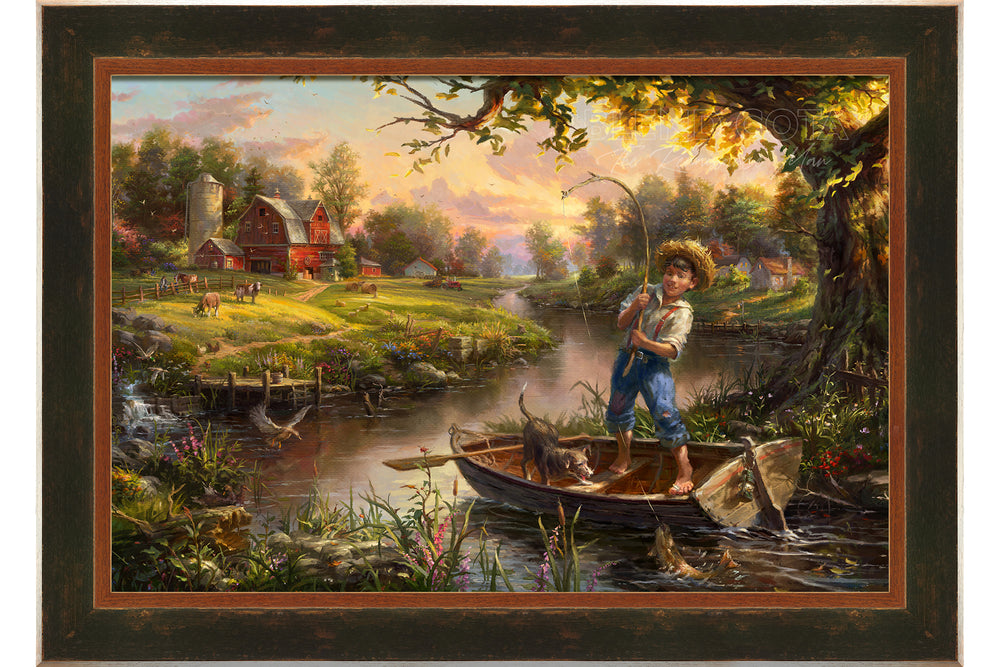 Gone Fishing - Blend Cota Original Oil Painting Framed on Canvas- Blend Cota Studios - Dark Green and wood trim frame