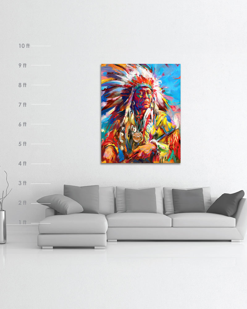 
                  
                    scale of native american portrait original oil painting in a room
                  
                