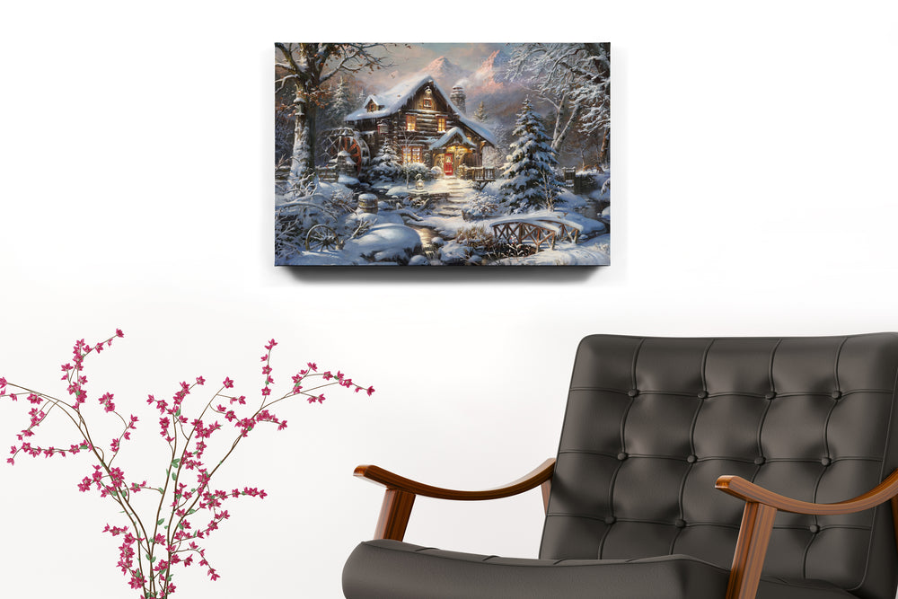 Silence of The First Snow - Blend Cota Art Print Framed - Blend Cota Studios with painting hanging on white wall behind a black leather armchair