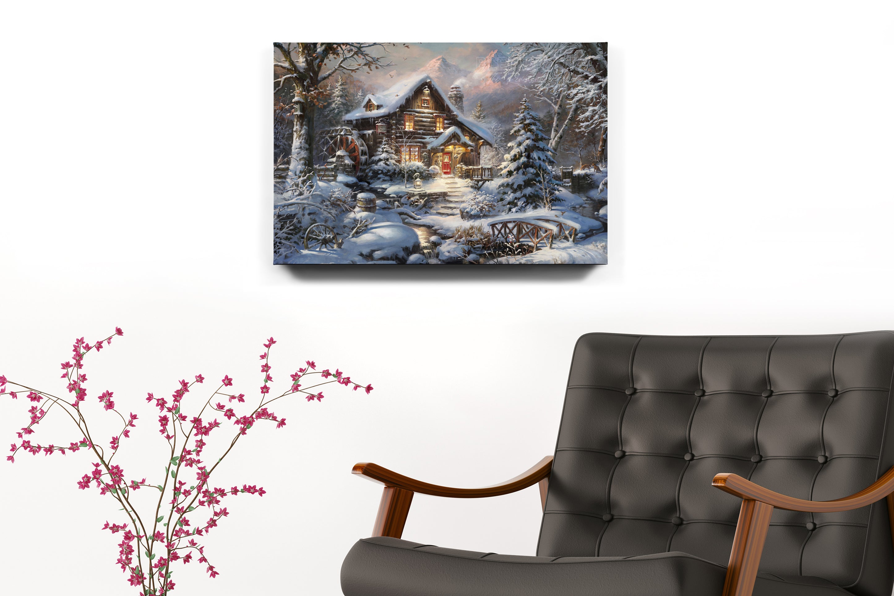 Silence of The First Snow - Blend Cota Art Print on Canvas - Blend Cota Studios painting hanging on white wall behind a black leather arm chair
