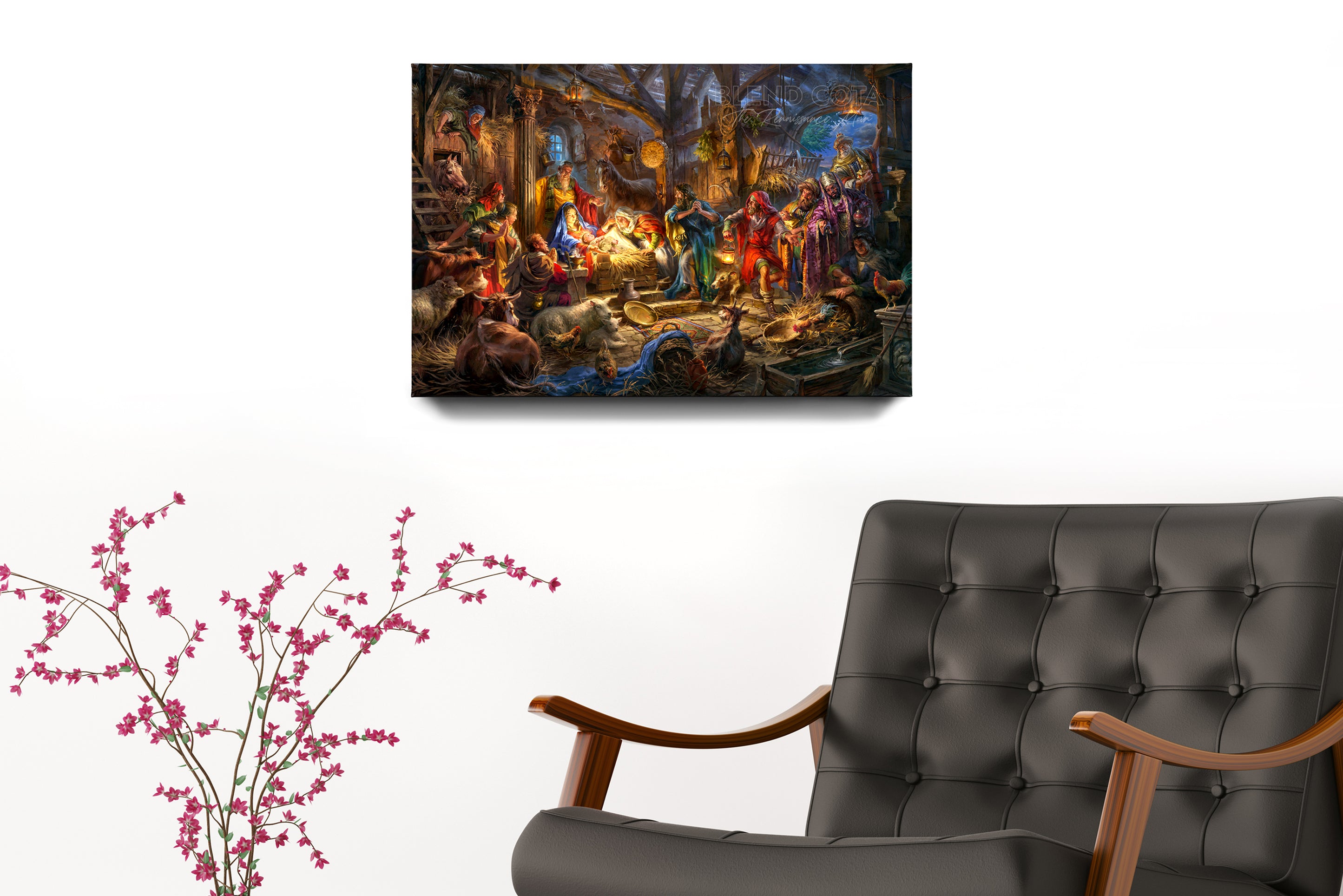 Nativitas | A King is Born Baby Jesus - Blend Cota Art Print Framed on Canvas - Blend Cota Studios - room setting with chair and painting hanging on wall