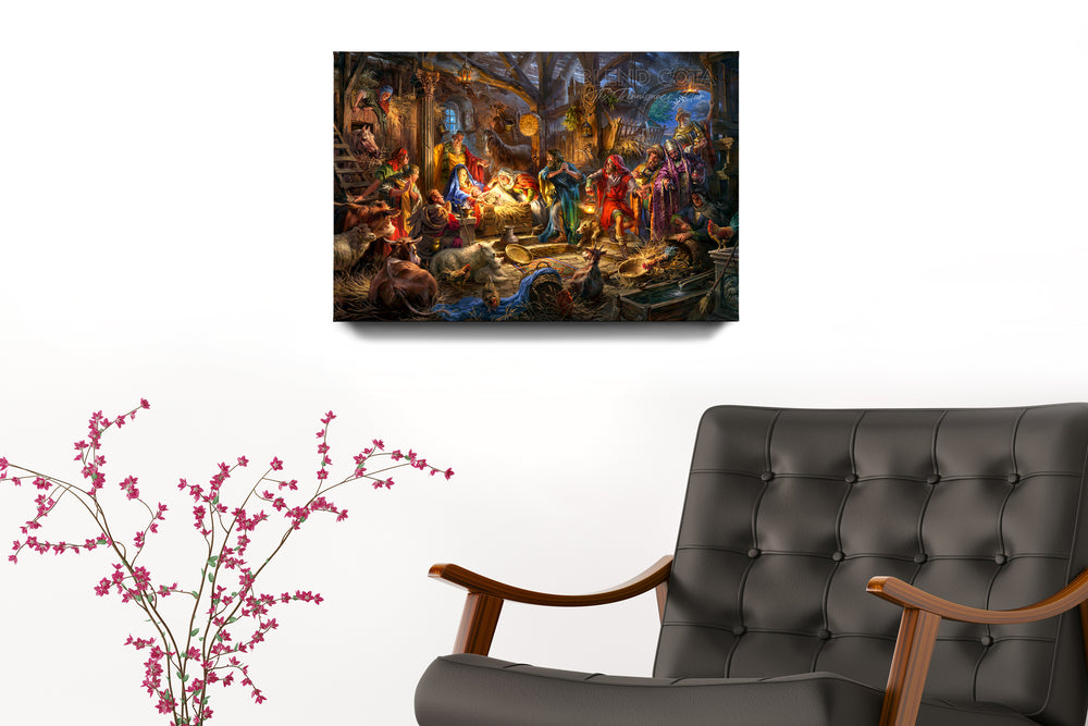 Nativitas | A King is Born Baby Jesus - Blend Cota Art Print on Metal - Blend Cota Studios - room setting with chair and painting hanging on wall