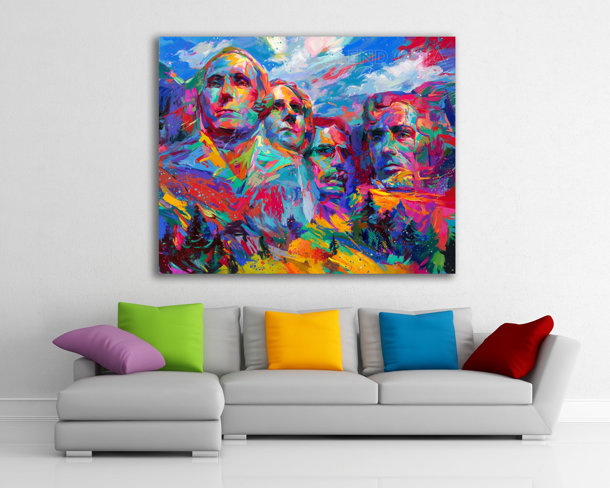 Mount Rushmore | Hope For a Brighter Future painted by Blend Cota limited edition art framed on canvas from Blend Cota Studios with painting hanging on a white wall behind a colorful couch