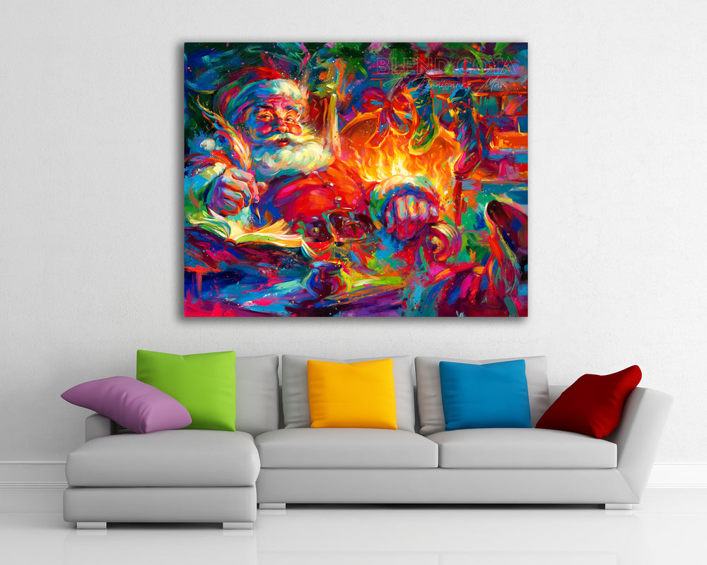Santa painted by Blend Cota Limited Edition Art Framed on Canvas from Blend Cota Studios with the painting hanging on a white wall behind a colorful couch