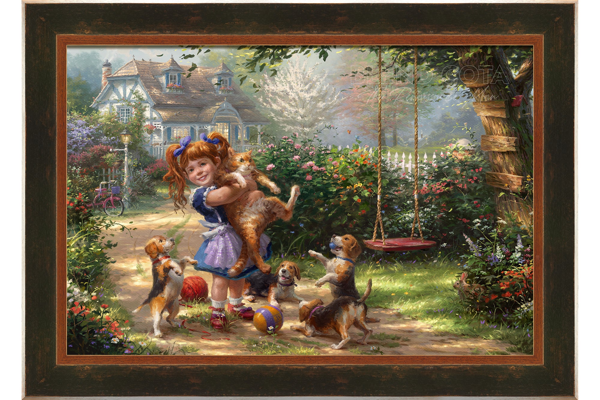 Summer Joy | Girl and her Cat - Blend Cota Original Oil Painting Framed on Canvas - Blend Cota Studios - Dark green and wood frame
