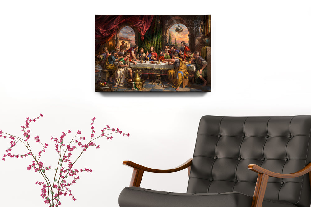 The Last Supper - Blend Cota Art Print on Metal - Blend Cota Studios painting on a white wall by black armchair