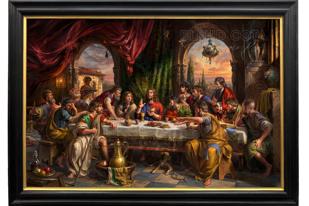 The Last Supper - Blend Cota Original Oil Painting Framed on Canvas - Blend Cota Studios painting hanging in a Black and Gold Frame