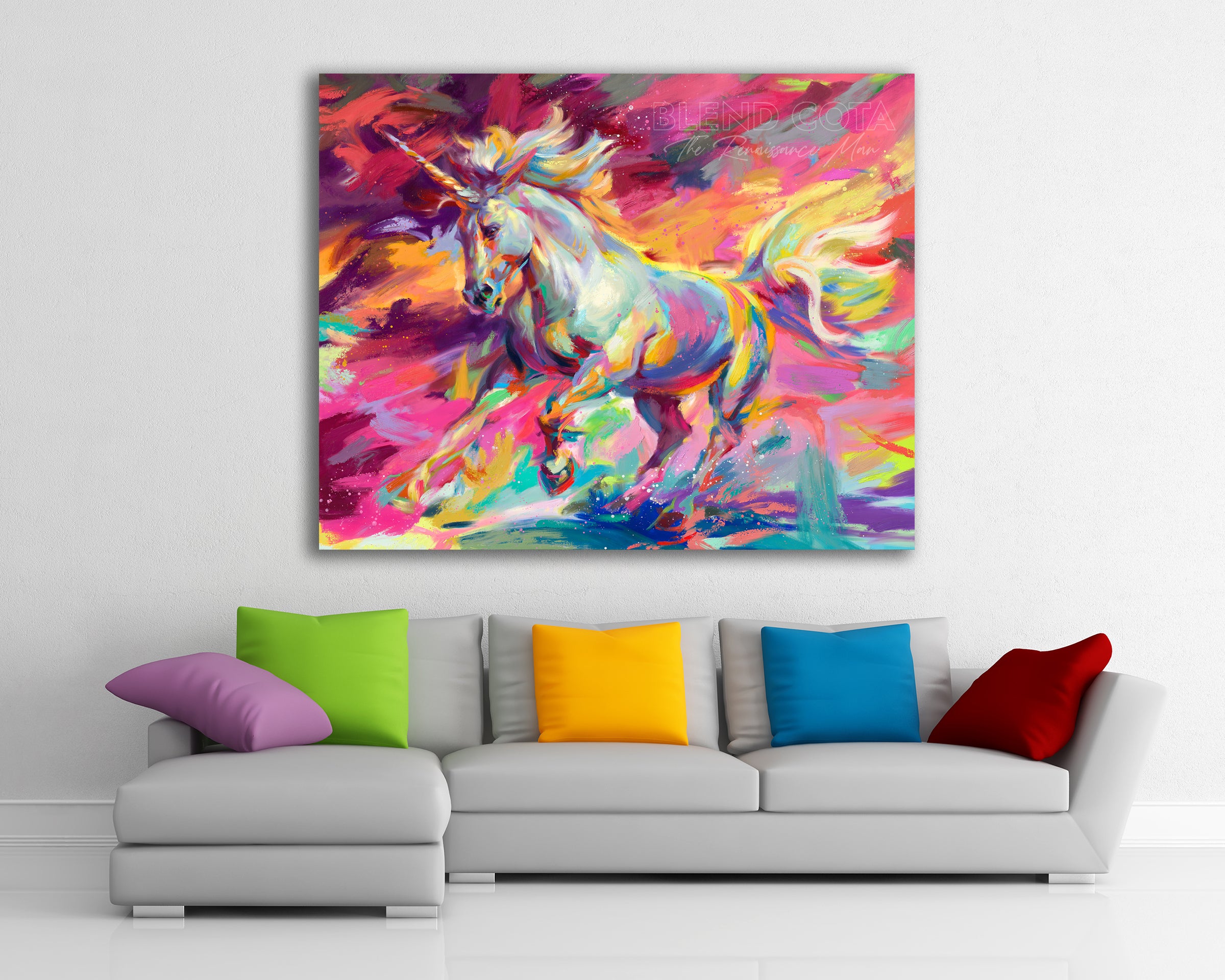 Unicorn - Blend Cota Limited Edition Art on Canvas - Blend Cota Studios painting hanging on a white wall behind a colorful couch