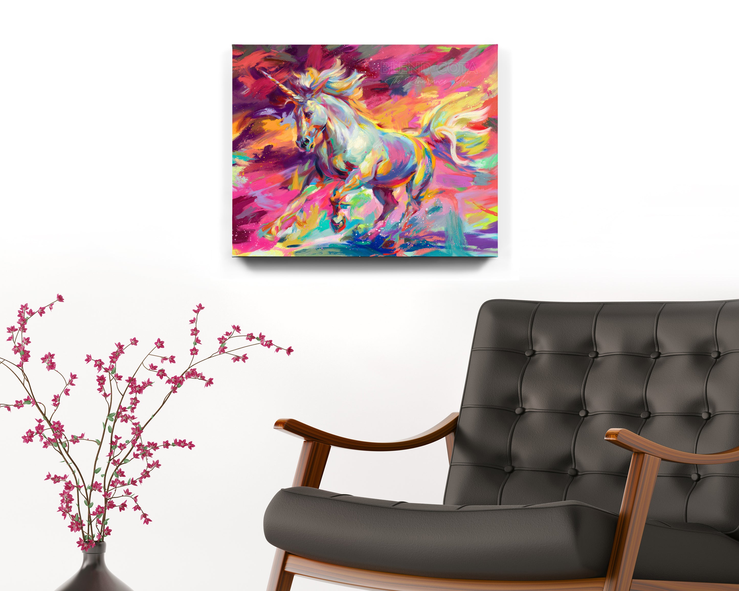 Unicorn - Blend Cota Art Print on Canvas - Blend Cota Studios painting hanging on a white wall
