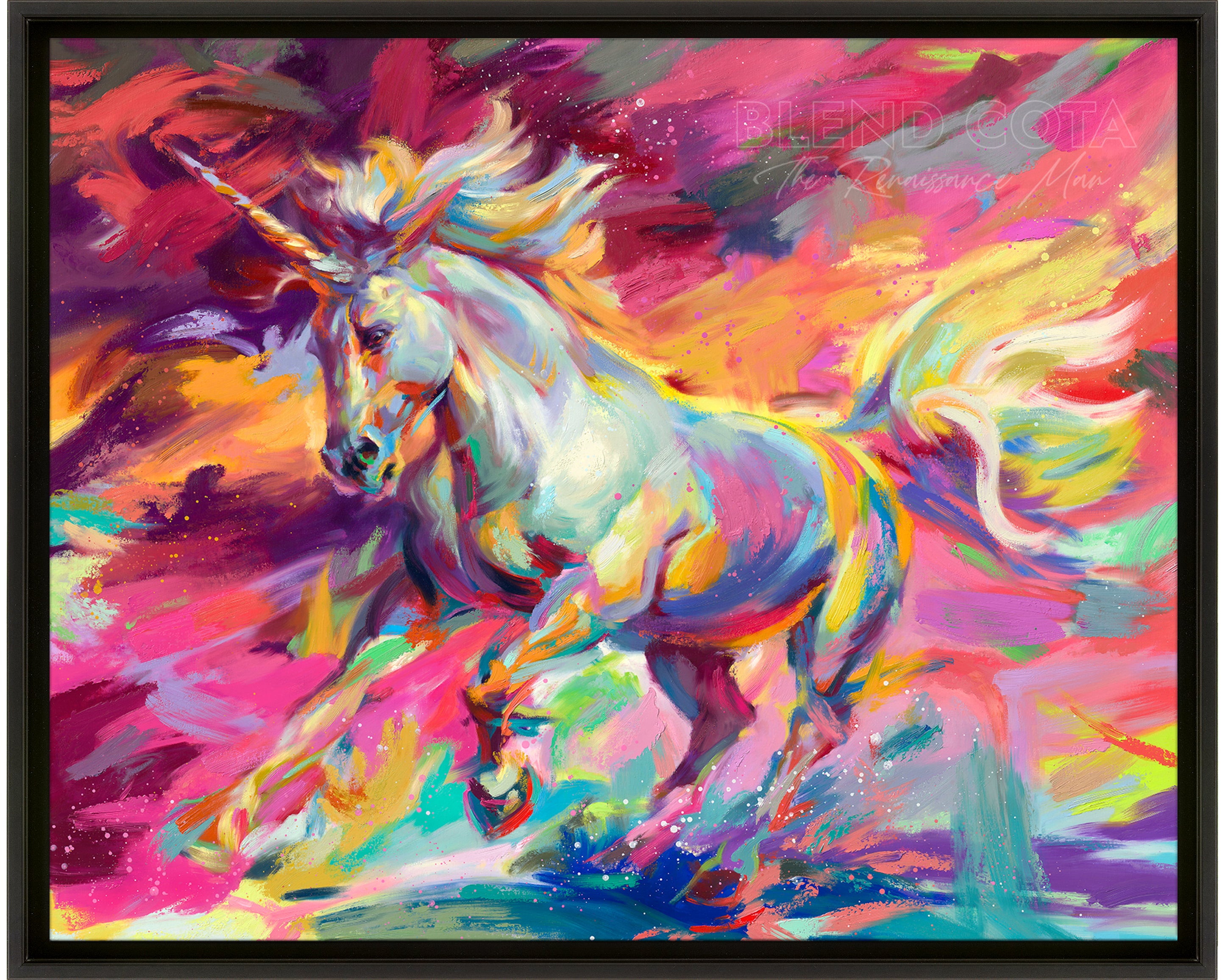 
                  
                    Unicorn - Blend Cota Limited Edition Art on Canvas - Blend Cota Studios painting in a black frame
                  
                