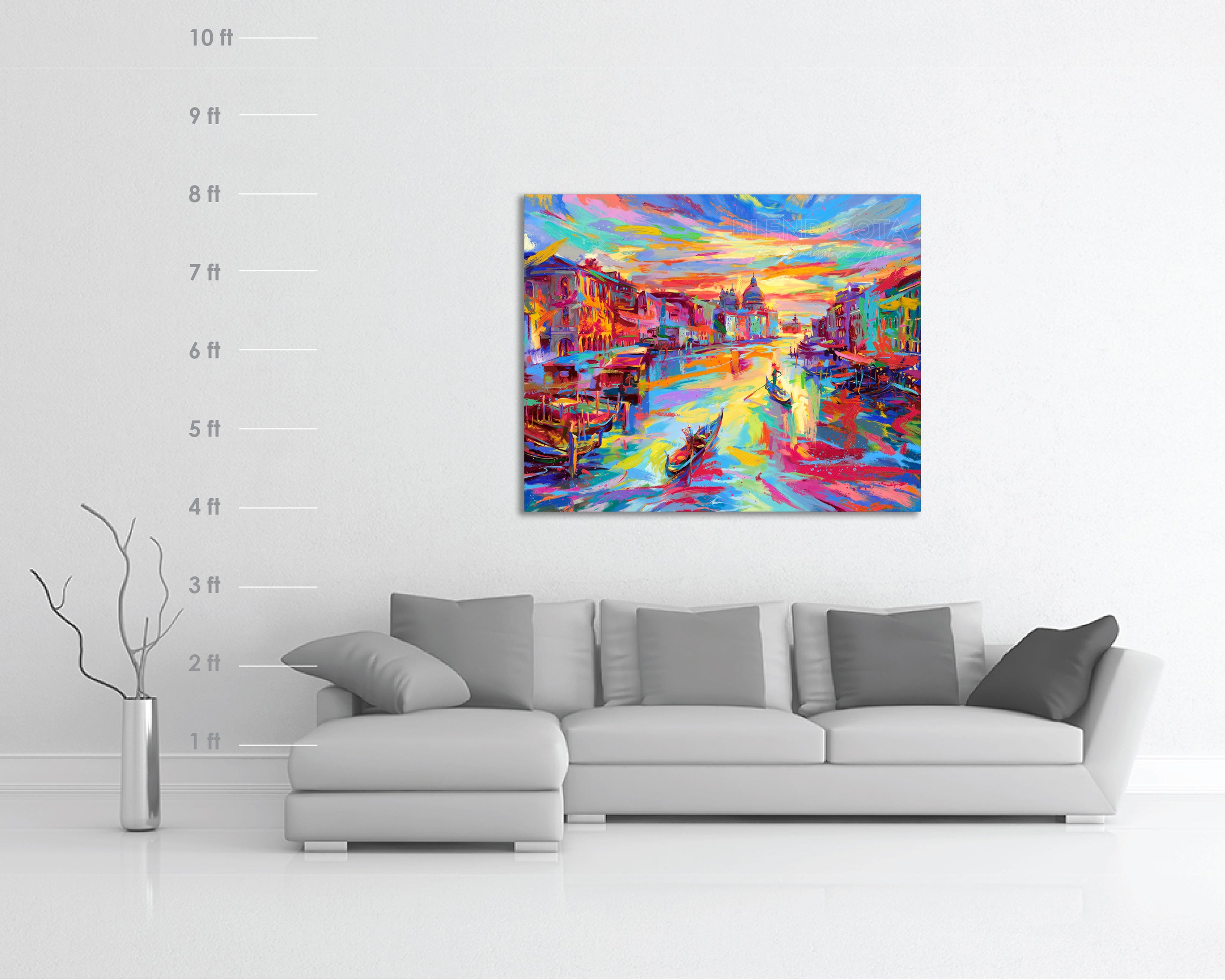 
                  
                    Venice colour painting - The City of Water painted by Blend Cota Original oil painting from Blend Cota Studios with painting hanging on white wall with size chart comparison
                  
                