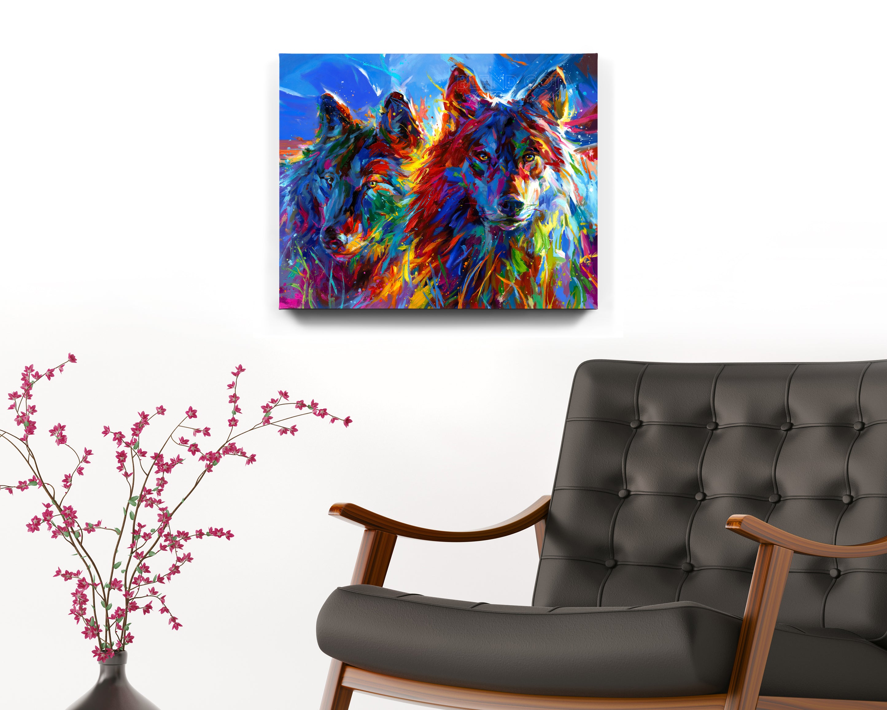 Wolves True Love painted by Blend Cota painting hanging on wall with chair from Blend Cota Studios