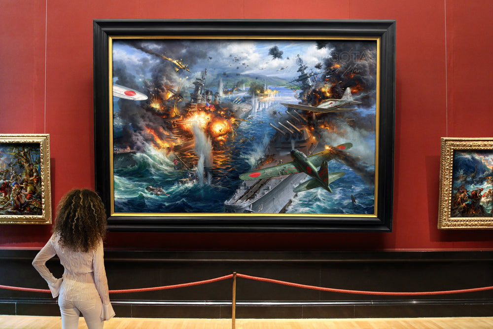art gallery museum room setting for Limited edition on metal of the attack on Pearl Harbor, Japanese planes bombing American battleships, on a background of destruction, smoke and fire, realism style with detailed brushstrokes.