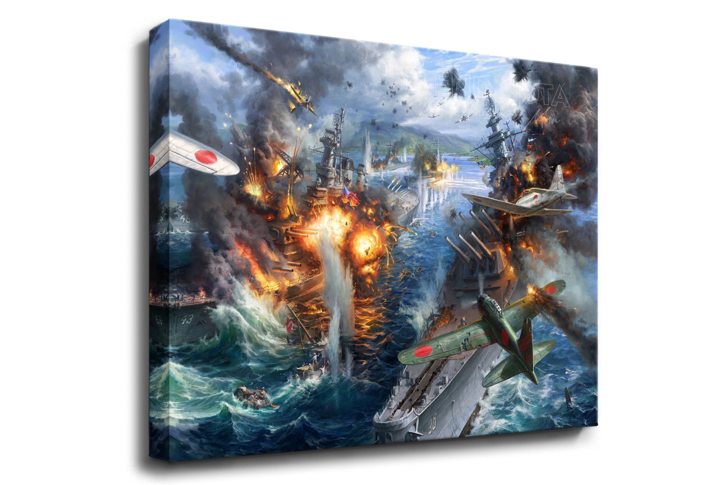 Canvas Wall art print of the attack on Pearl Harbor, Japanese planes bombing American vessels and battleships, on a background of destruction, smoke and fire, realism style with detailed brushstrokes.