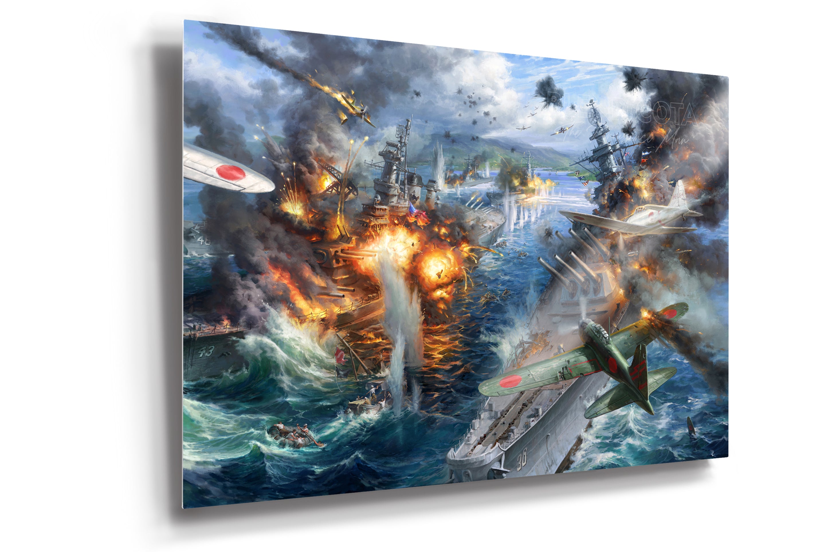 Limited edition on metal of the attack on Pearl Harbor, Japanese planes bombing American battleships, on a background of destruction, smoke and fire, realism style with detailed brushstrokes.
