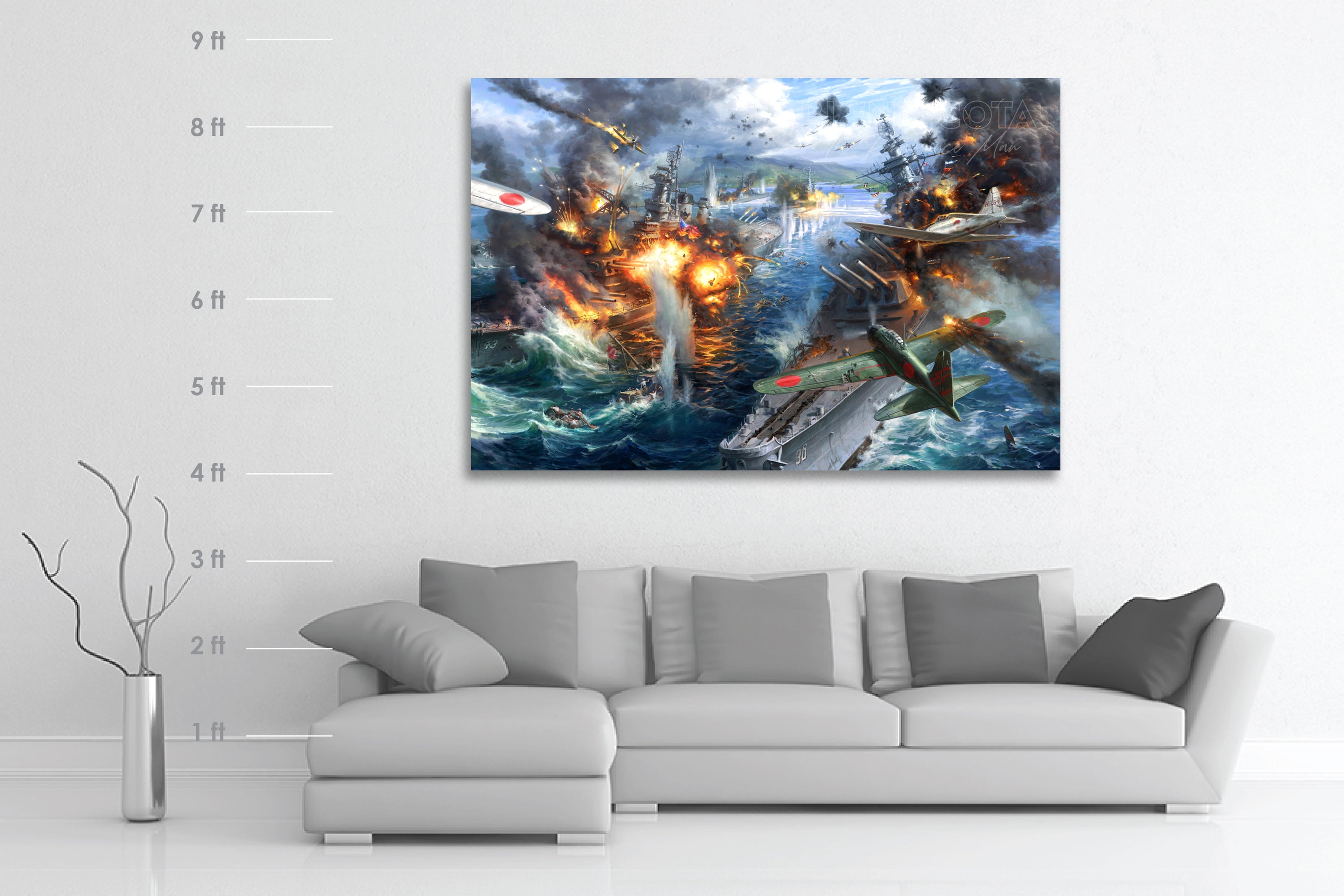 
                  
                    Oil on canvas painting of the attack on Pearl Harbor, Japanese planes bombing American vessels and battleships, on a background of destruction, smoke and fire, realism style with detailed brushstrokes with dimensions.
                  
                